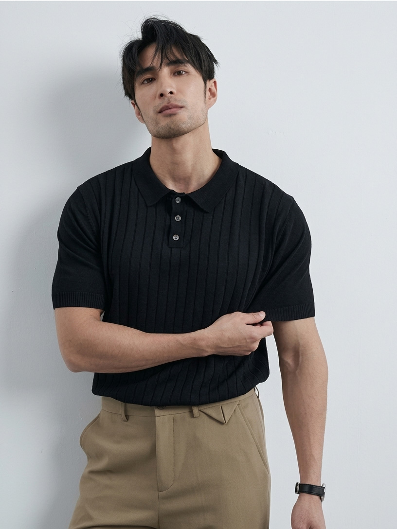 Black Ribbed Knit Polo