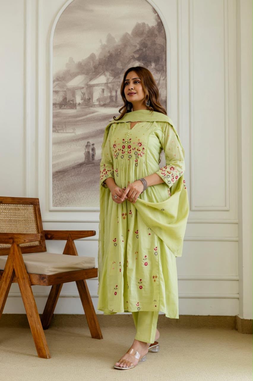 Light Green Embroidered Floral Print Kurta Set
