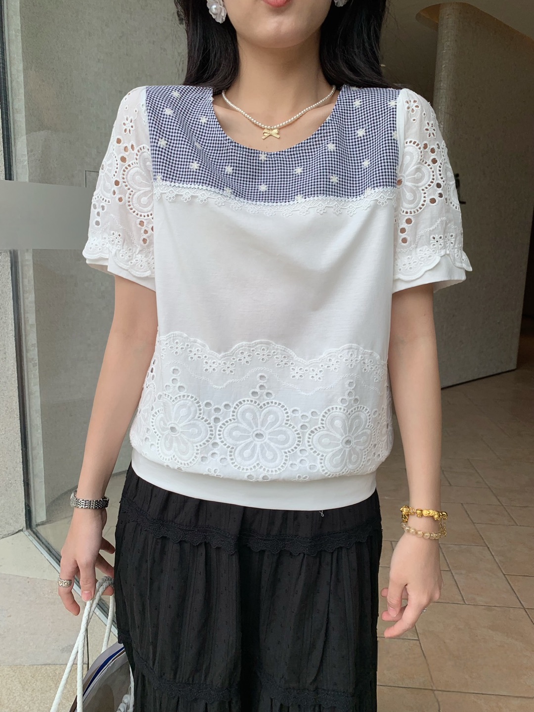 格子通花棉料top