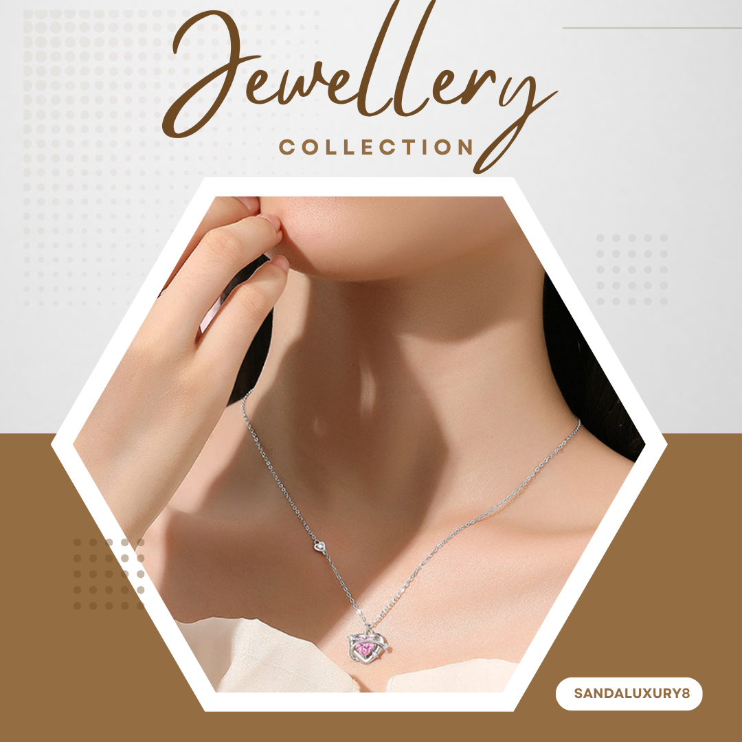 Heart Necklace with Pink Gemstone Pendant, Simple Elegant Silver Chain, Romantic Jewelry for Women, Ideal Gift for Her,  Sandaluxury8