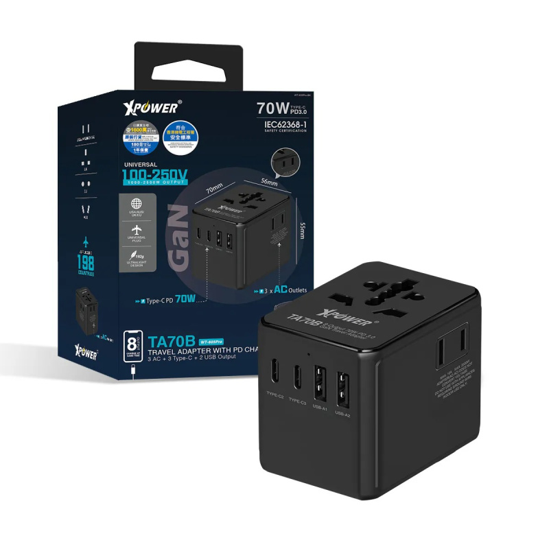 香港行貨 XPower 8輸出 PD/PPS 70W GaN 旅行充電器 TA70B 