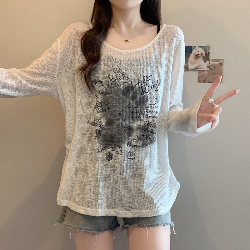 B425(A1249) 韩系甜美风纯色吊带与薄款涂鸦KITTY罩衫蓝白两件套上衣 