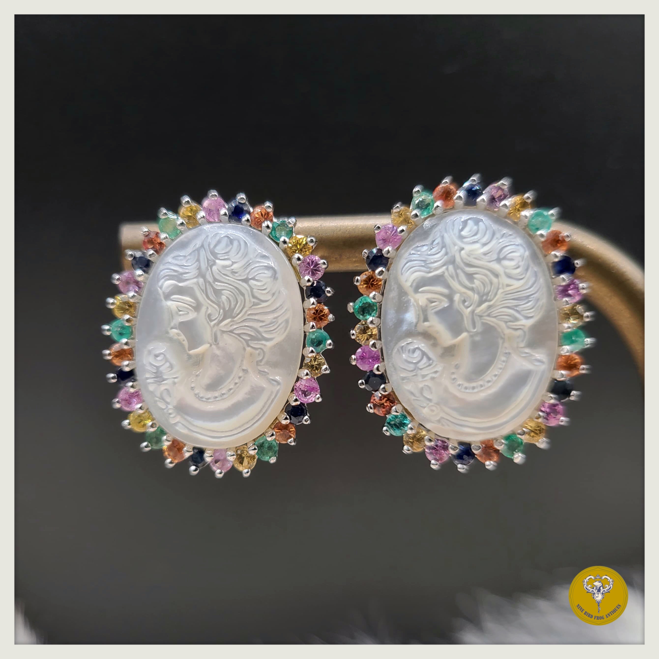 彩色水晶貝母Cameo純銀耳環