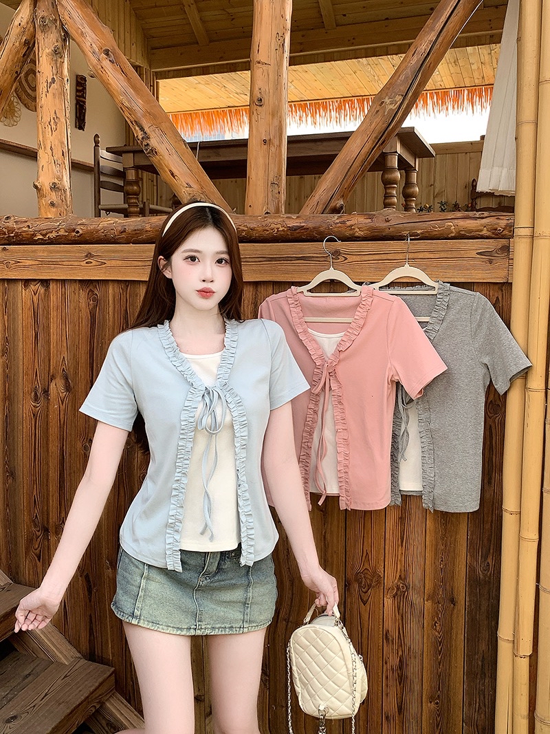 B03(36826) 韩版甜美风假两件拼白内搭外撞色木耳边系带3色上衣