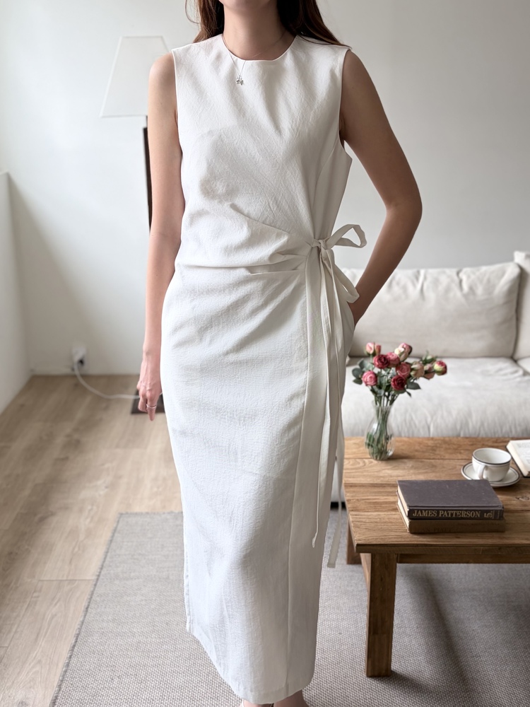 Gathered Waist Tie Dress (Ivory)