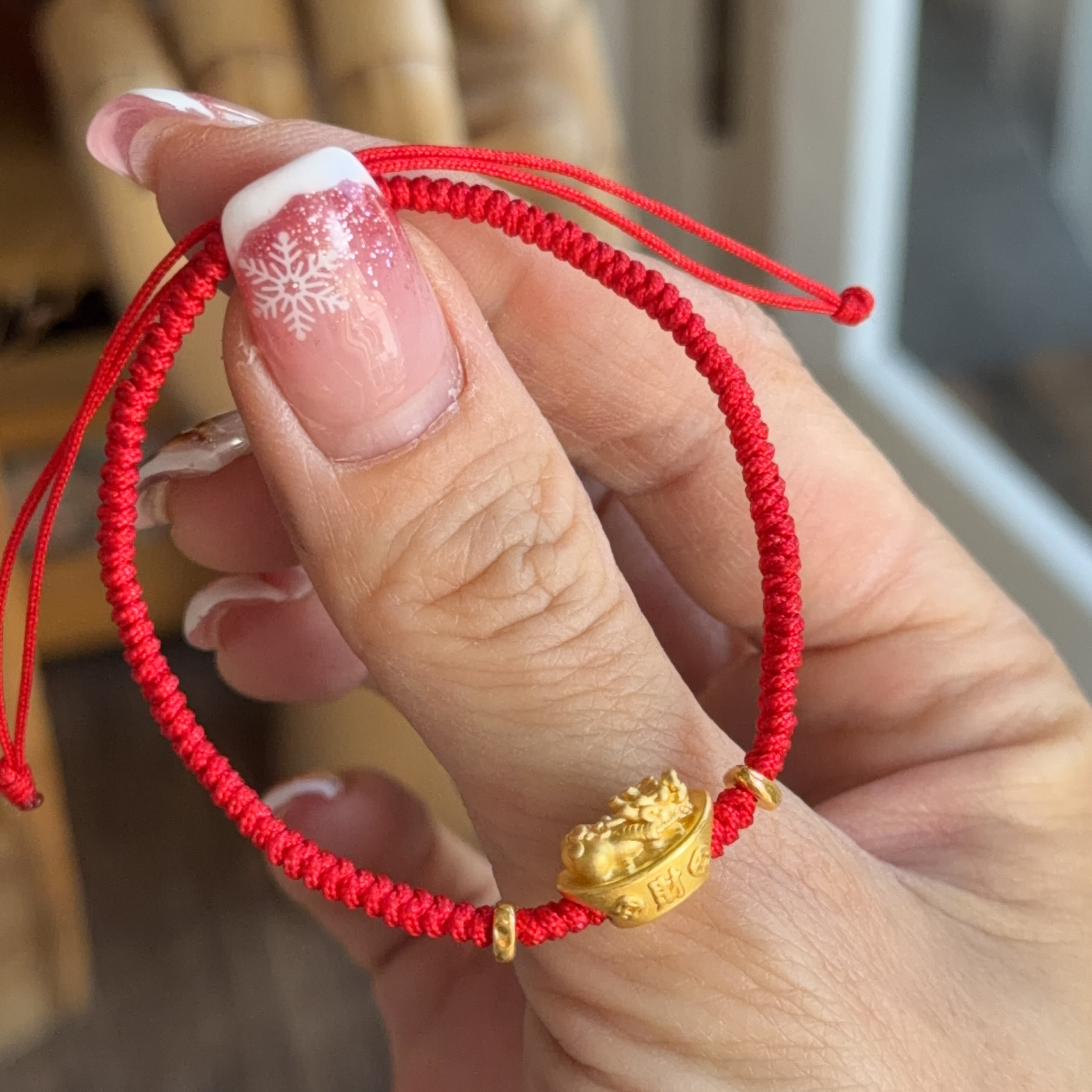 999硬金金元寶貔貅+碎碎金襯紅色手繩