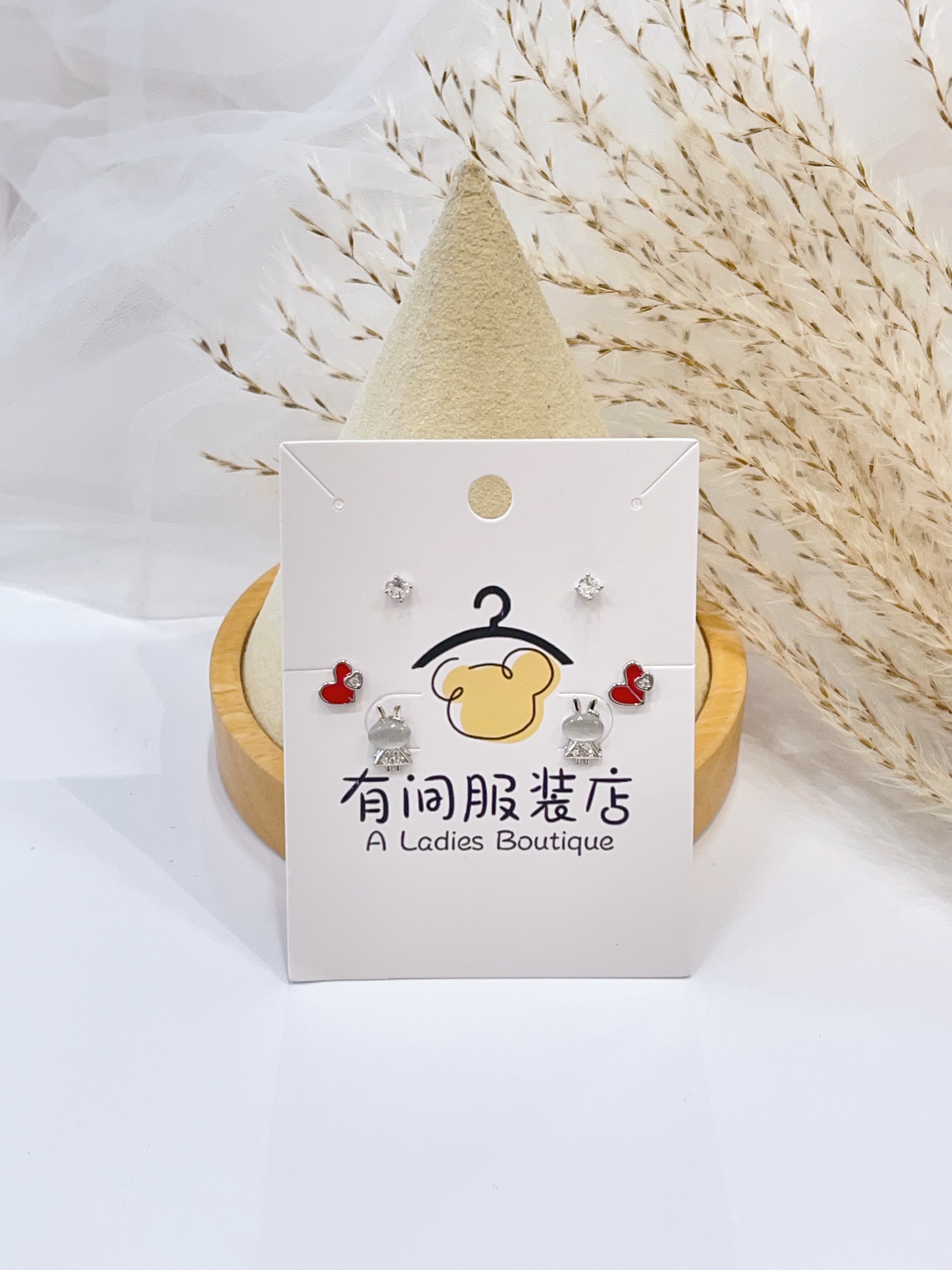 猫眼石小兔子爱心耳环套装