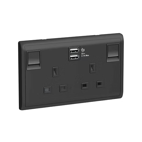 施耐德 Pieno 寫意黑 13A孖蘇有掣連Type A USB 插座