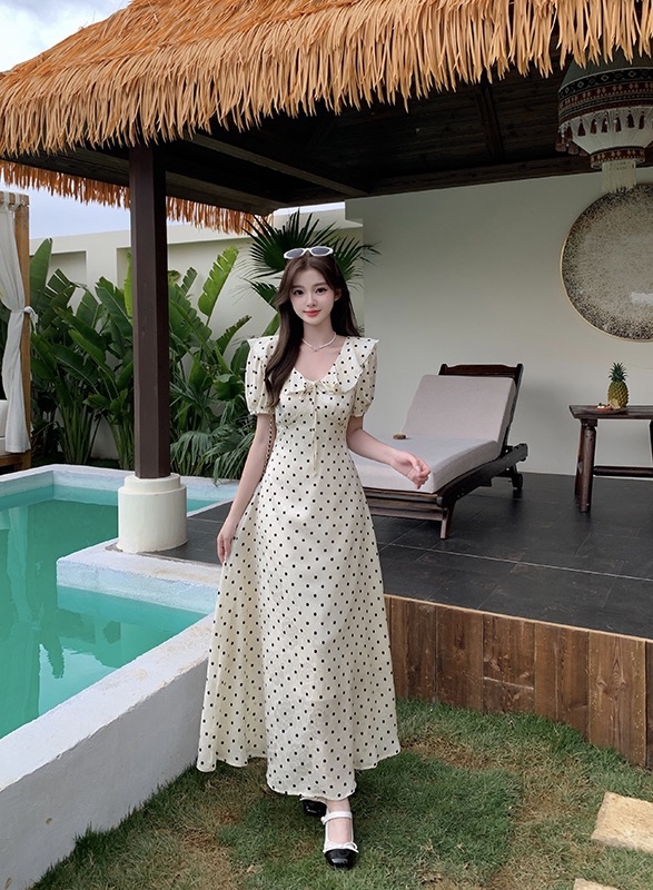 B307(3980长) 长款法式荷叶边领波点显瘦杏连身裙 