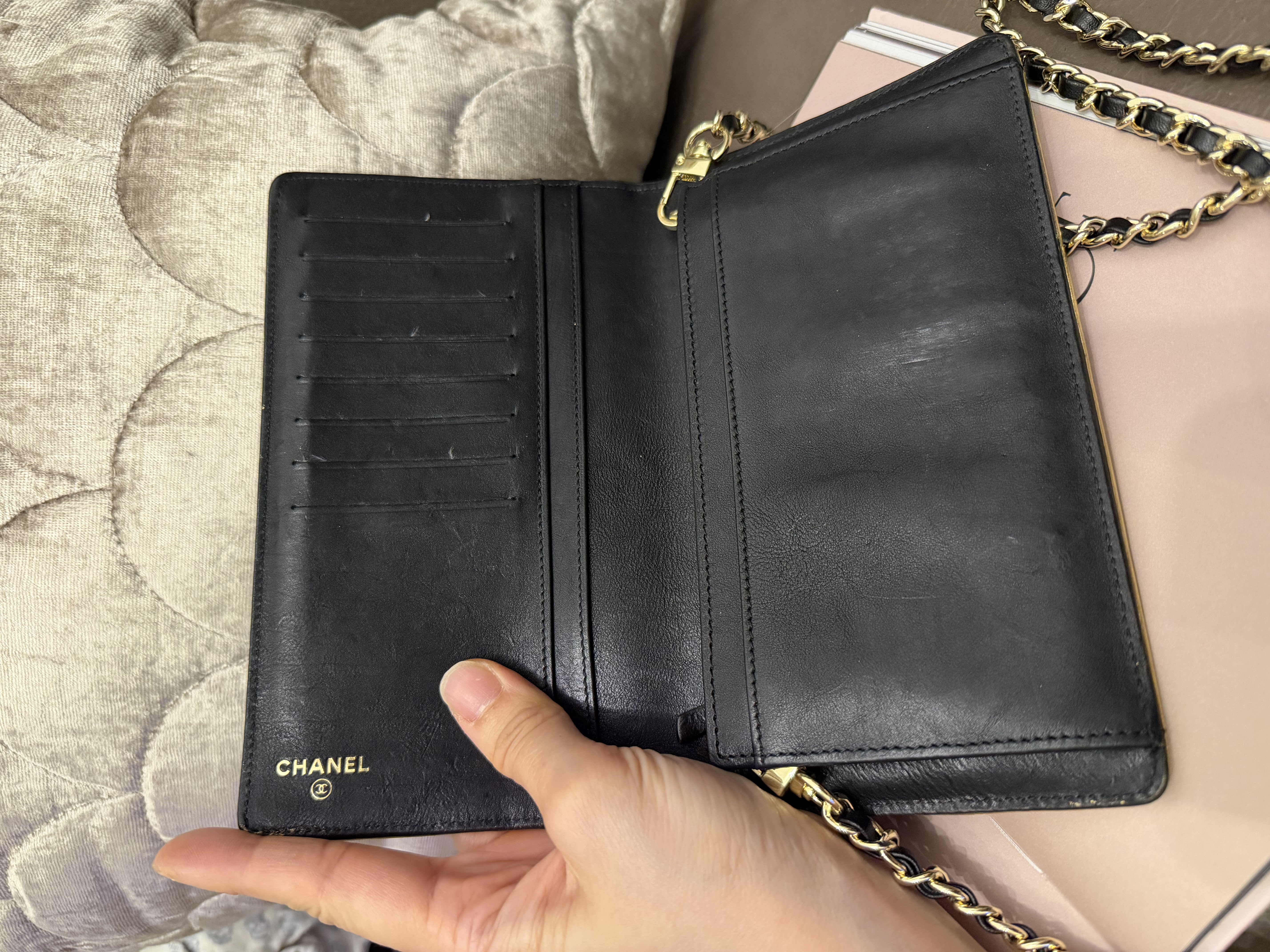 Chanel black champagne gold long wallet