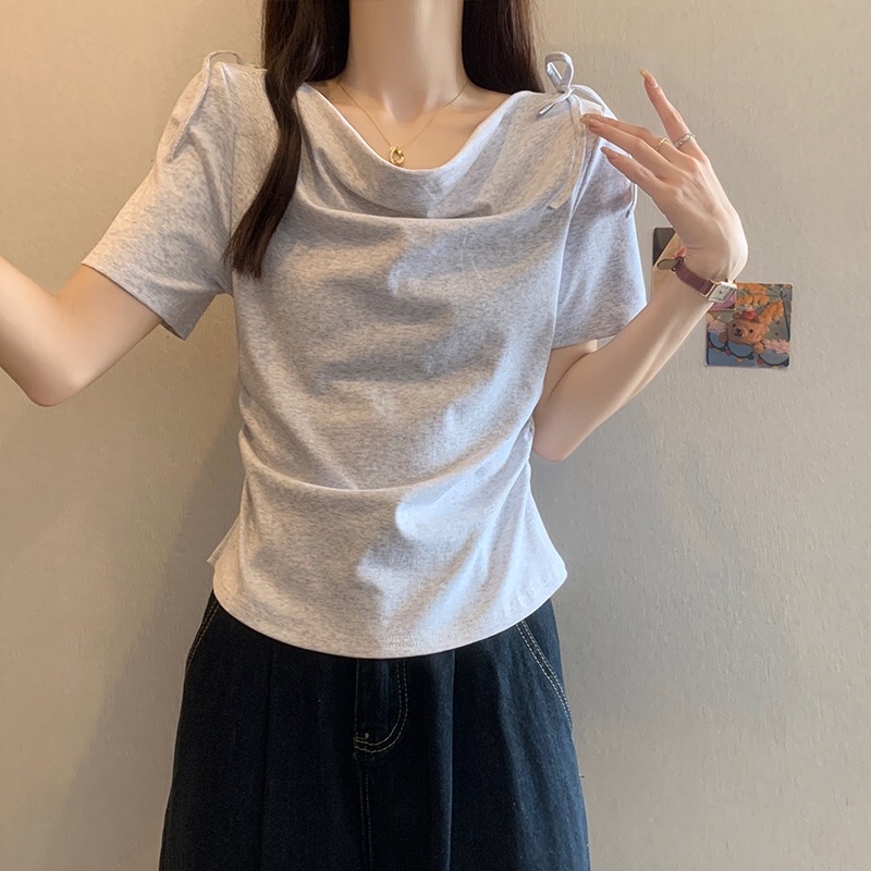B457(16728) 韩系甜美风肩边蝴蝶结系带荡领5色上衣