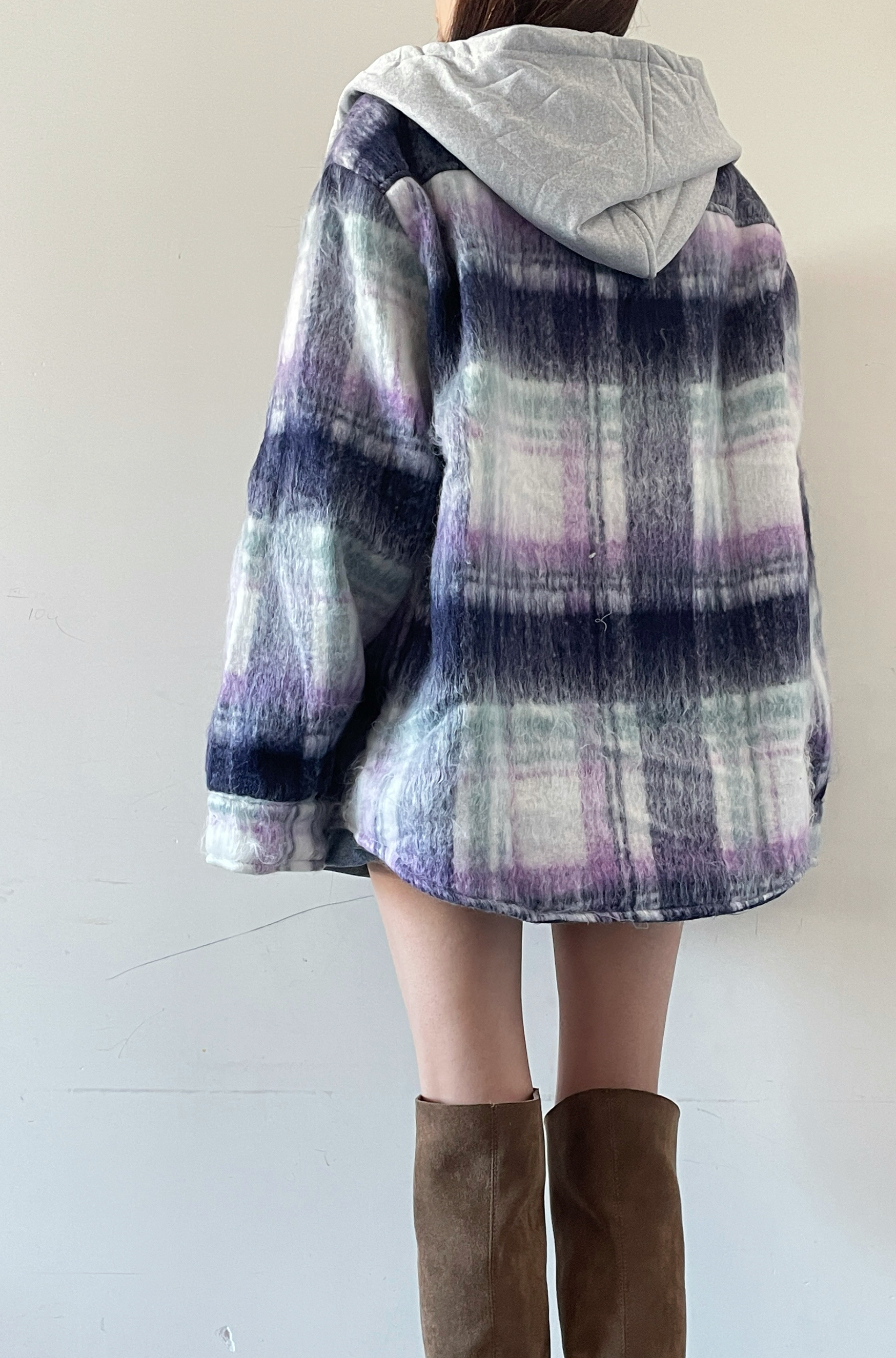 K5529 毛絨格仔有帽外套