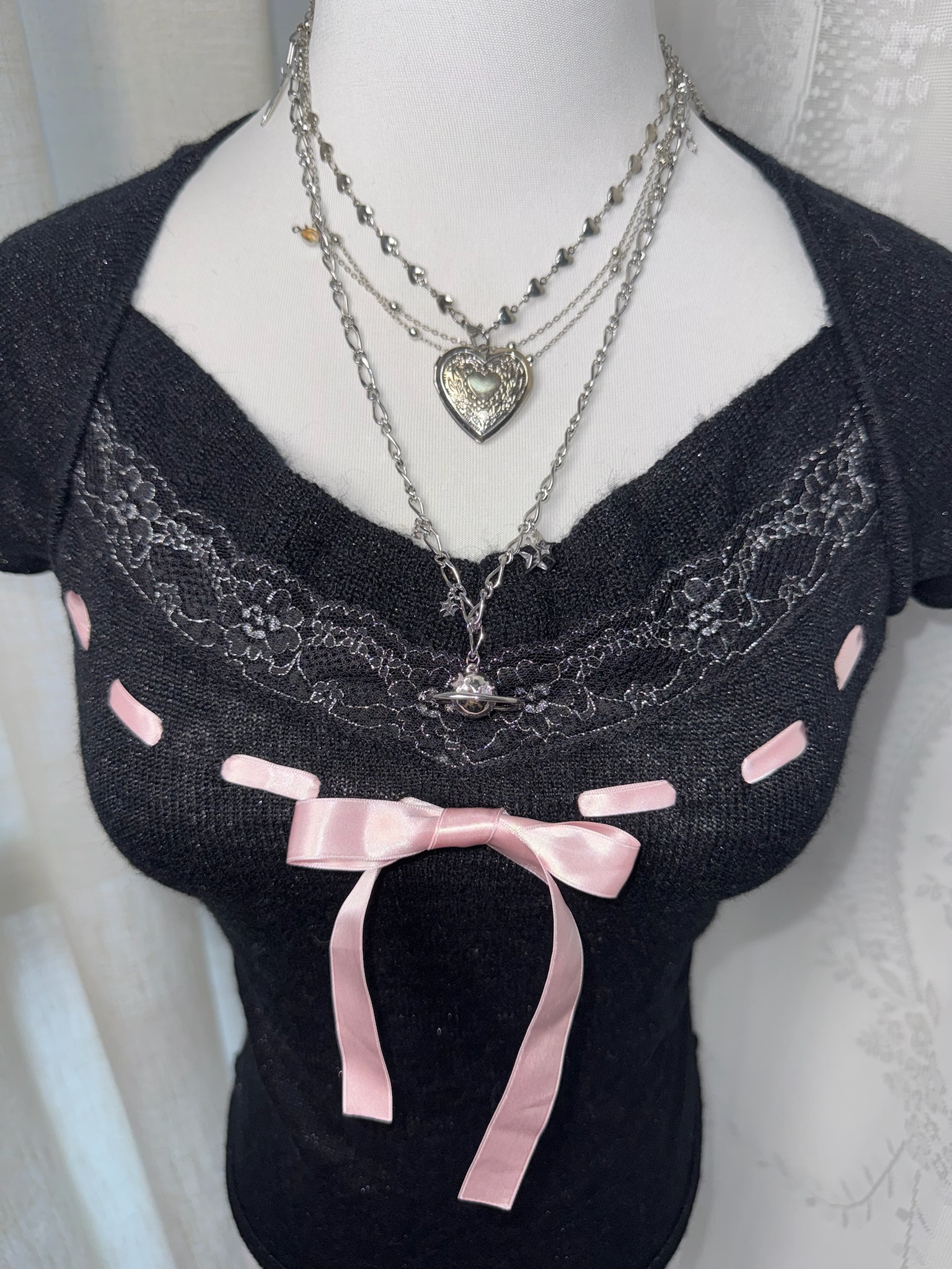 Dark Balletcore Ribbon-Weave Lace Cap-Sleeve Top