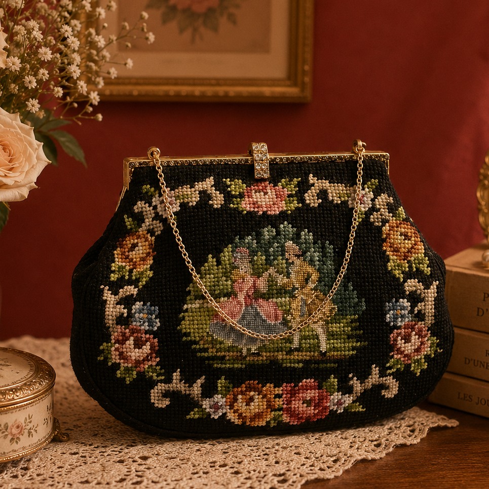 Rare! Courting Couple Needlepoint with Rhinestone Frame Handbag - Missing 2 stitches (MT2505)