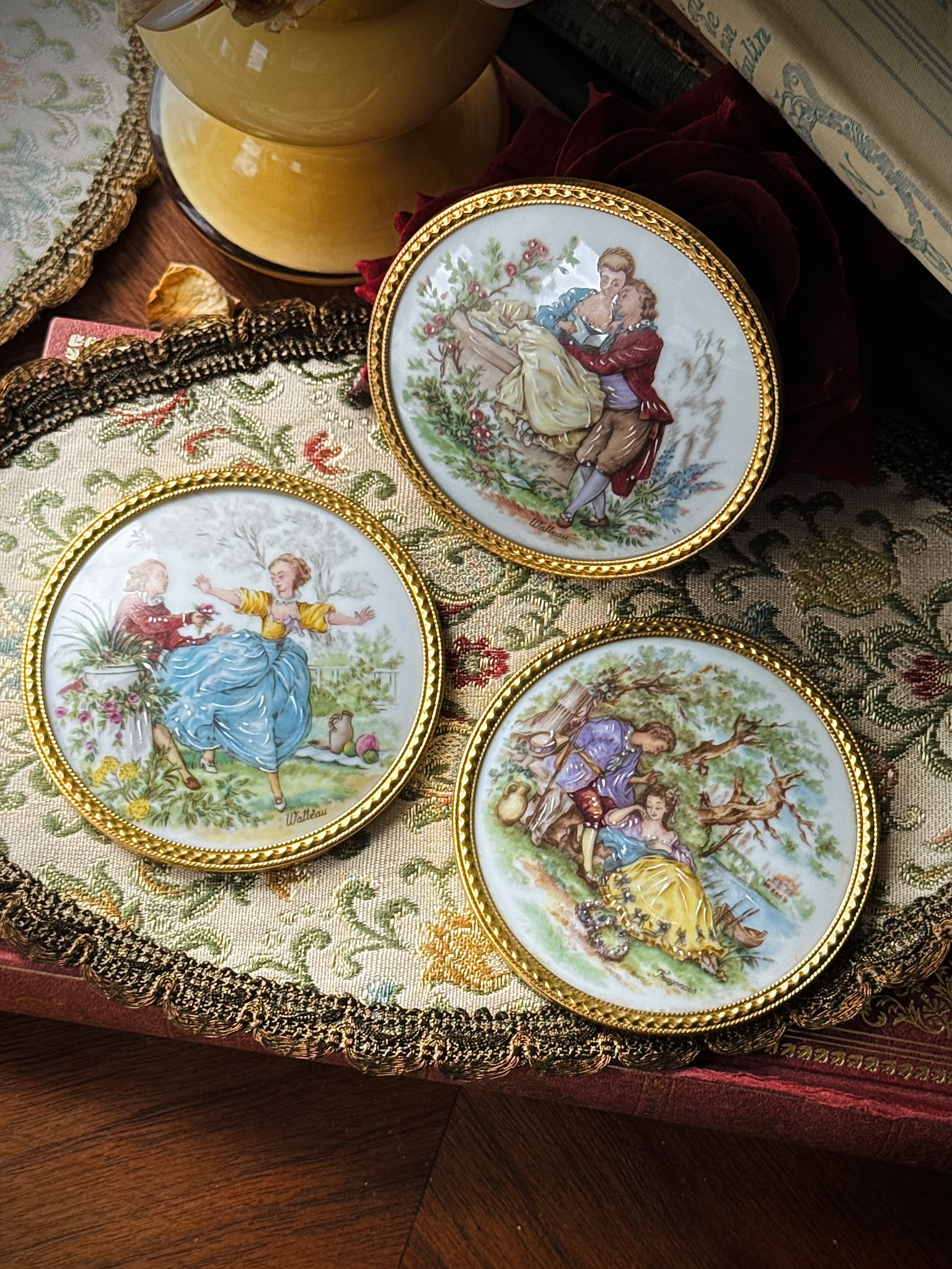 Vintage French Limoges Porcelain Decorative Plaques Rococo courting scenes Gilt metal frames - Set of 3 (MT2632)