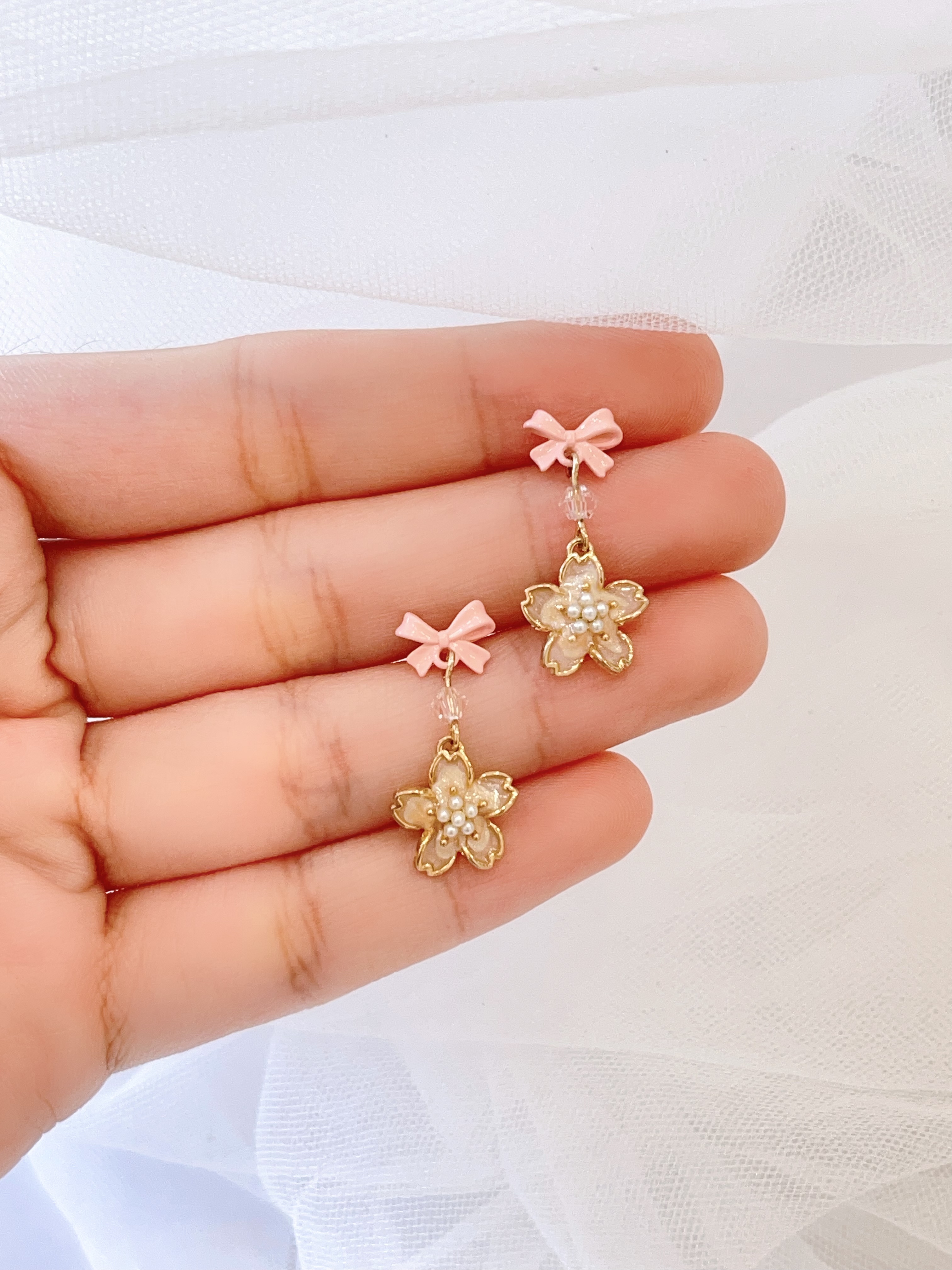 粉色蝴蝶结珍珠花花耳坠耳环