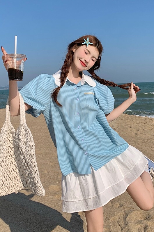 B298(8159衣) 韩系小清新减龄娃娃领直纹蓝上衣 