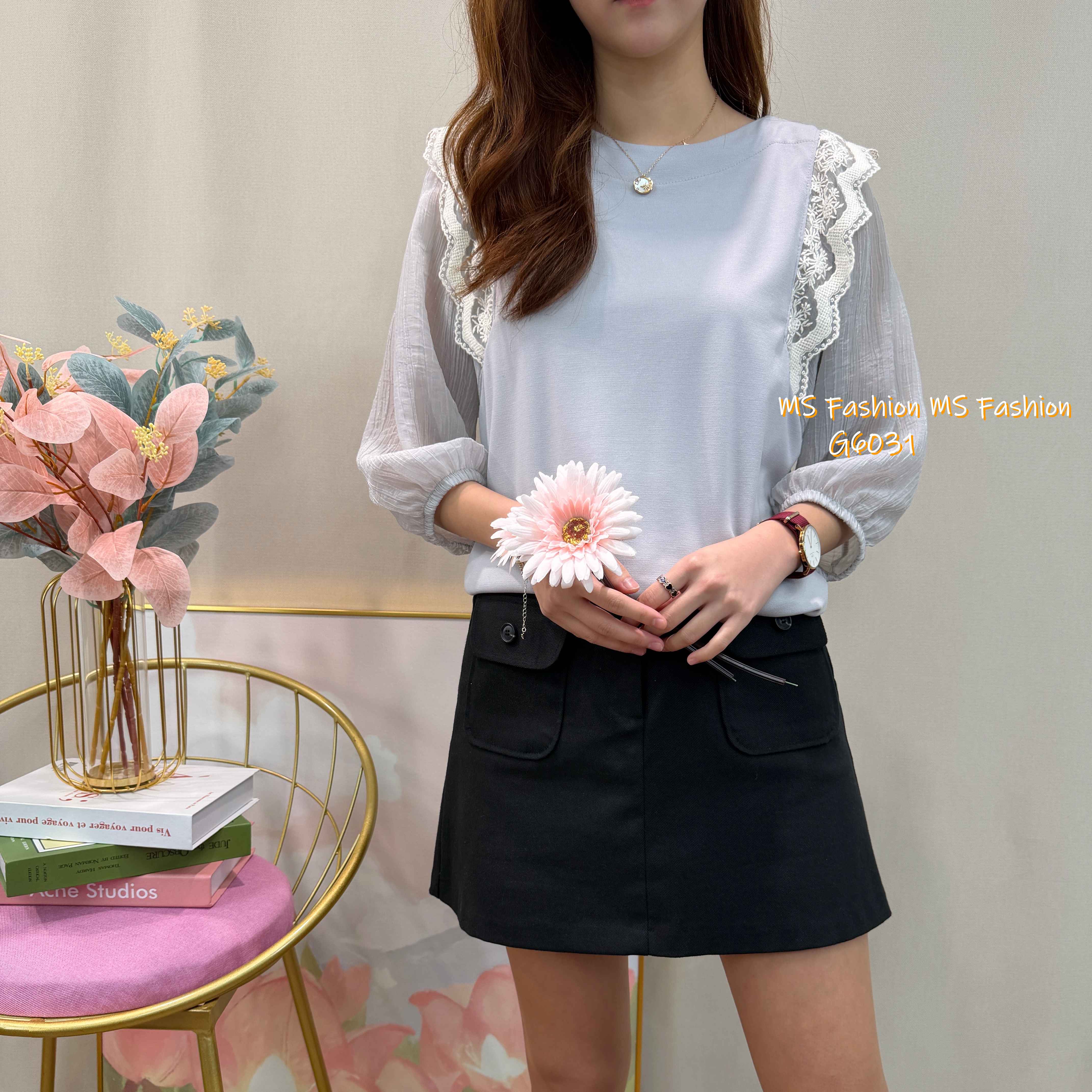 G6031 韓國🇰🇷肩lace拼布top