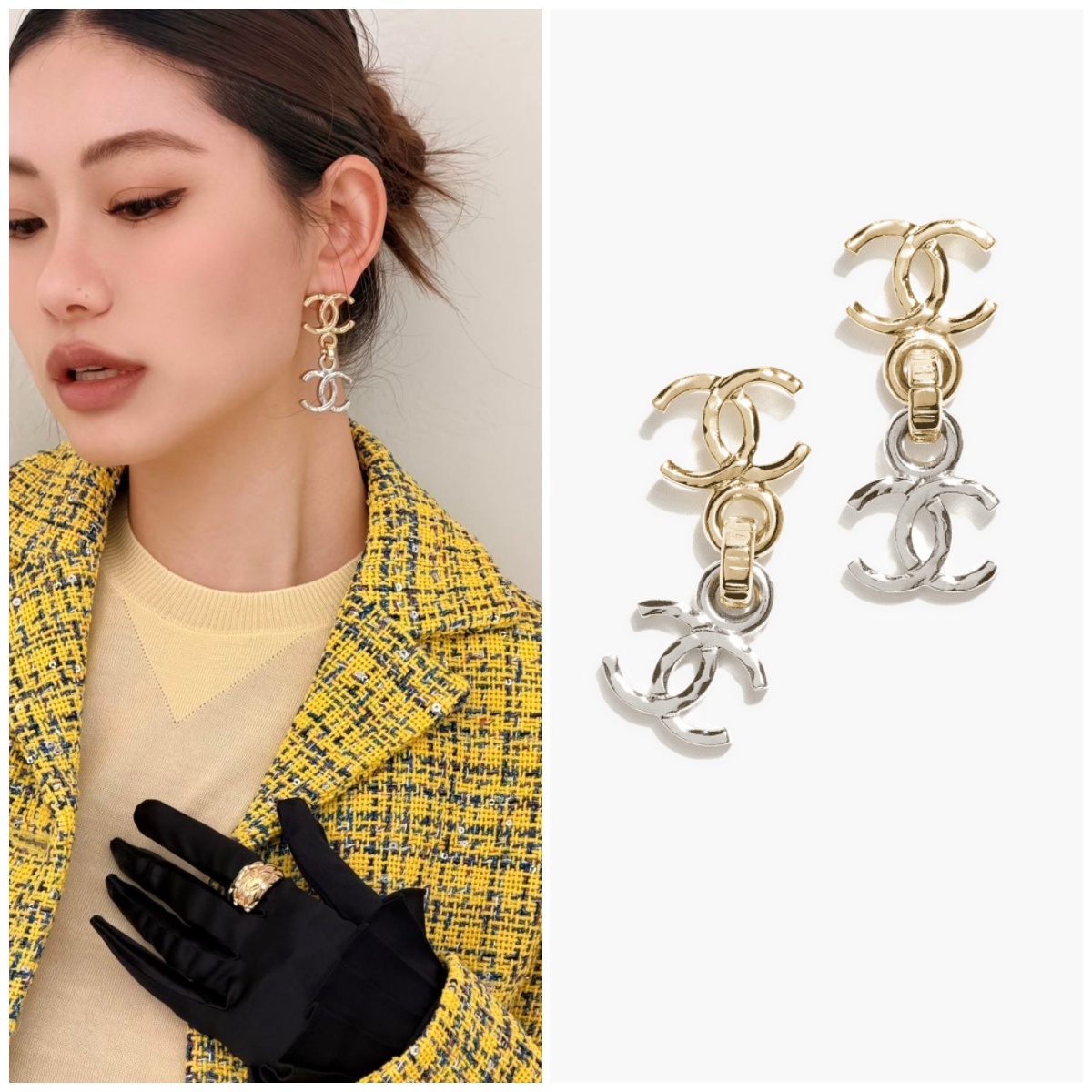 CHANEL 雙色拼接CC耳環