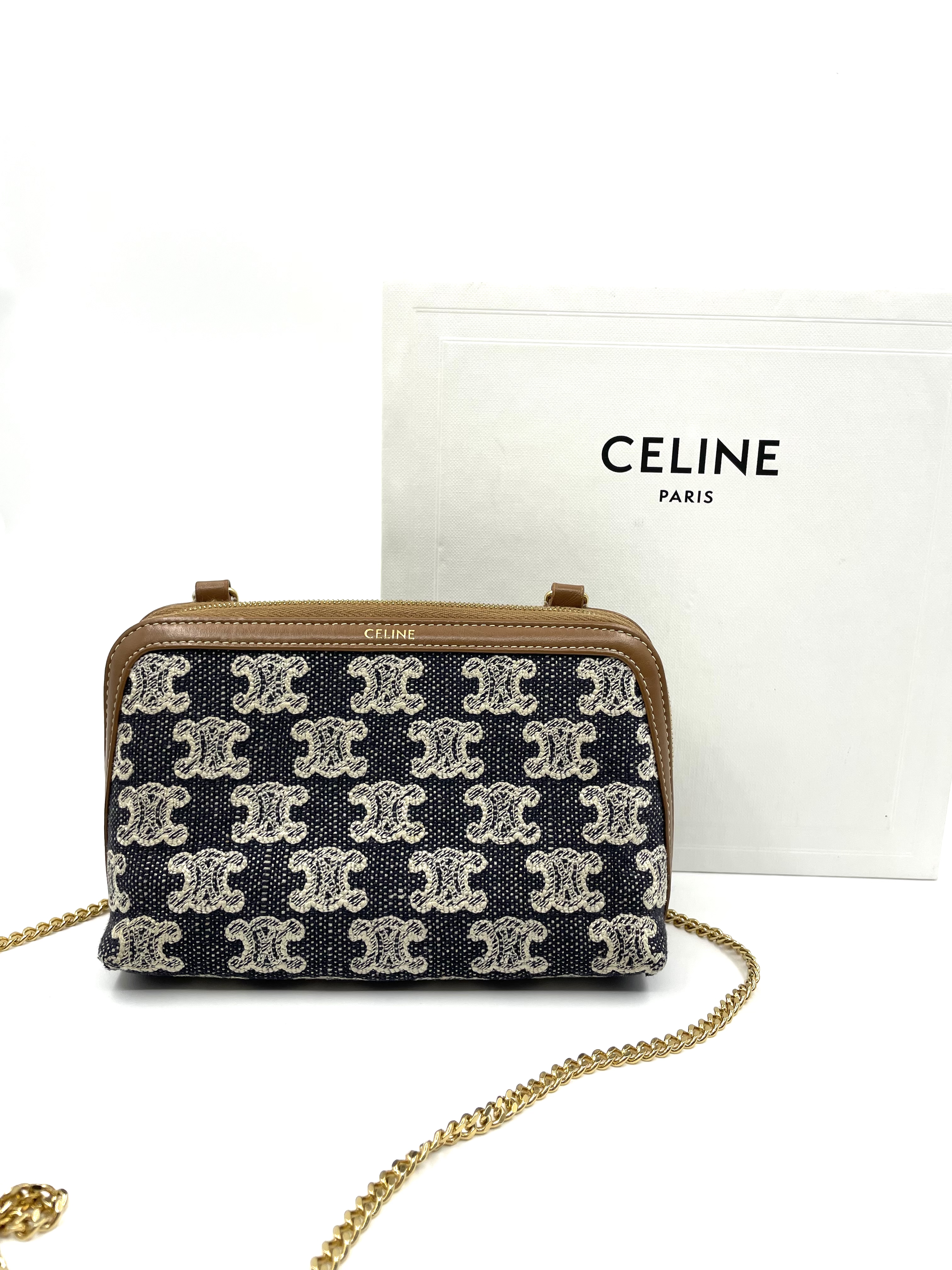 Pre-owned Celine Clutch with Chain in Textile with Triomphe Embroidery Navy Blue Tan