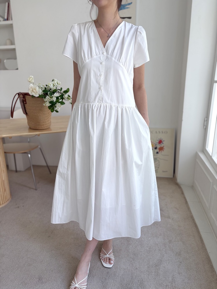 Airy Button Front Long Dress (White)