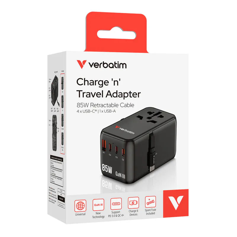 香港行貨 2年保養  Verbatim 威寶 Charge 'n' Travel 85W 通用旅行轉插連伸縮充電線 (CNT-02) 30176