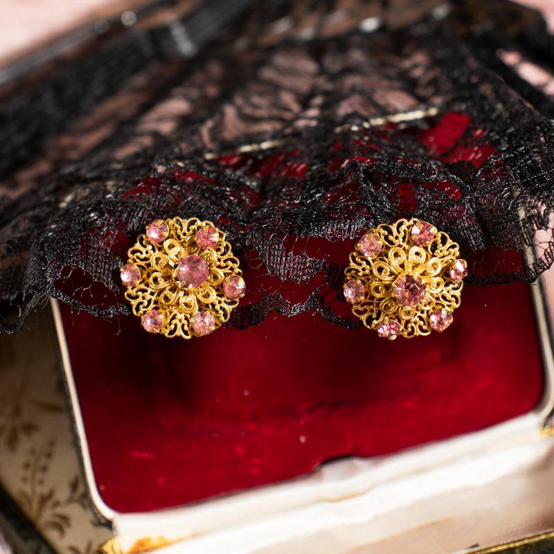 c.a. 1940-1950s Czechoslovakian Pink Rhinestone on Golden Filigree Clip Earrings (CD125)