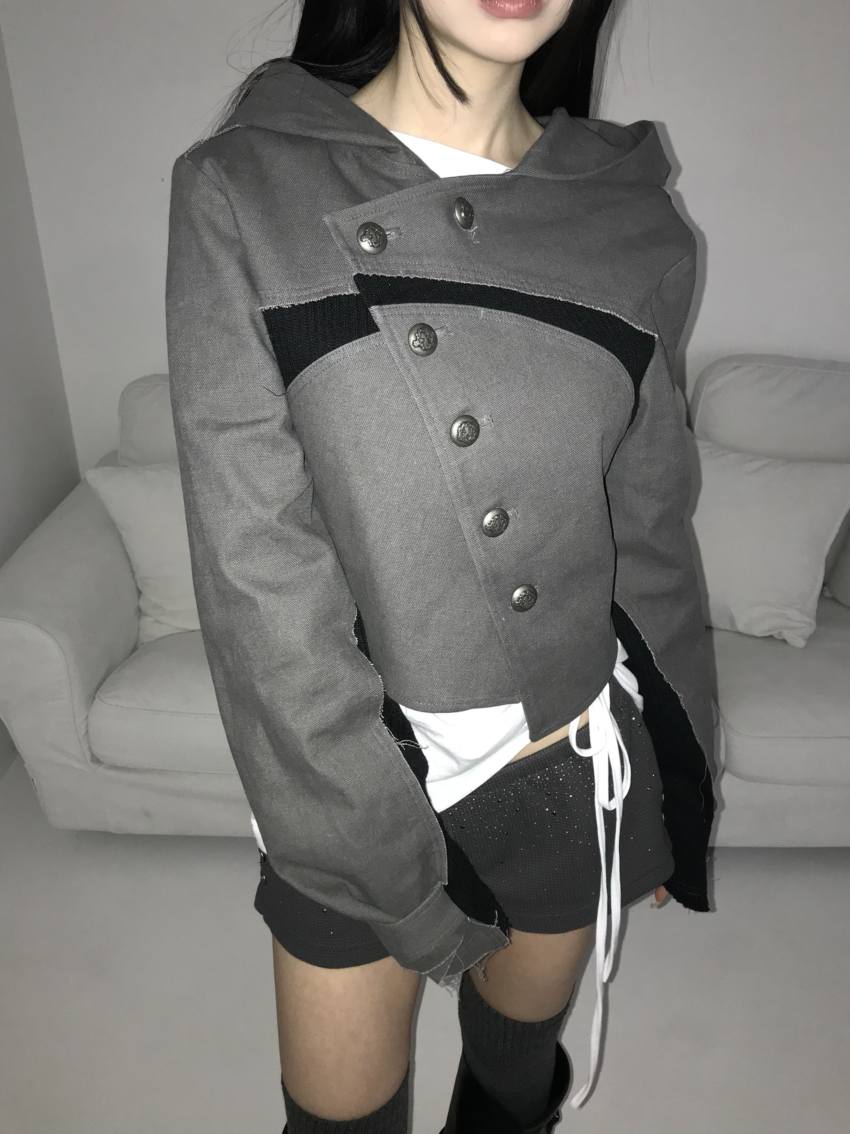 Asymmetric Raw-Edge Hooded Cropped Jacket
