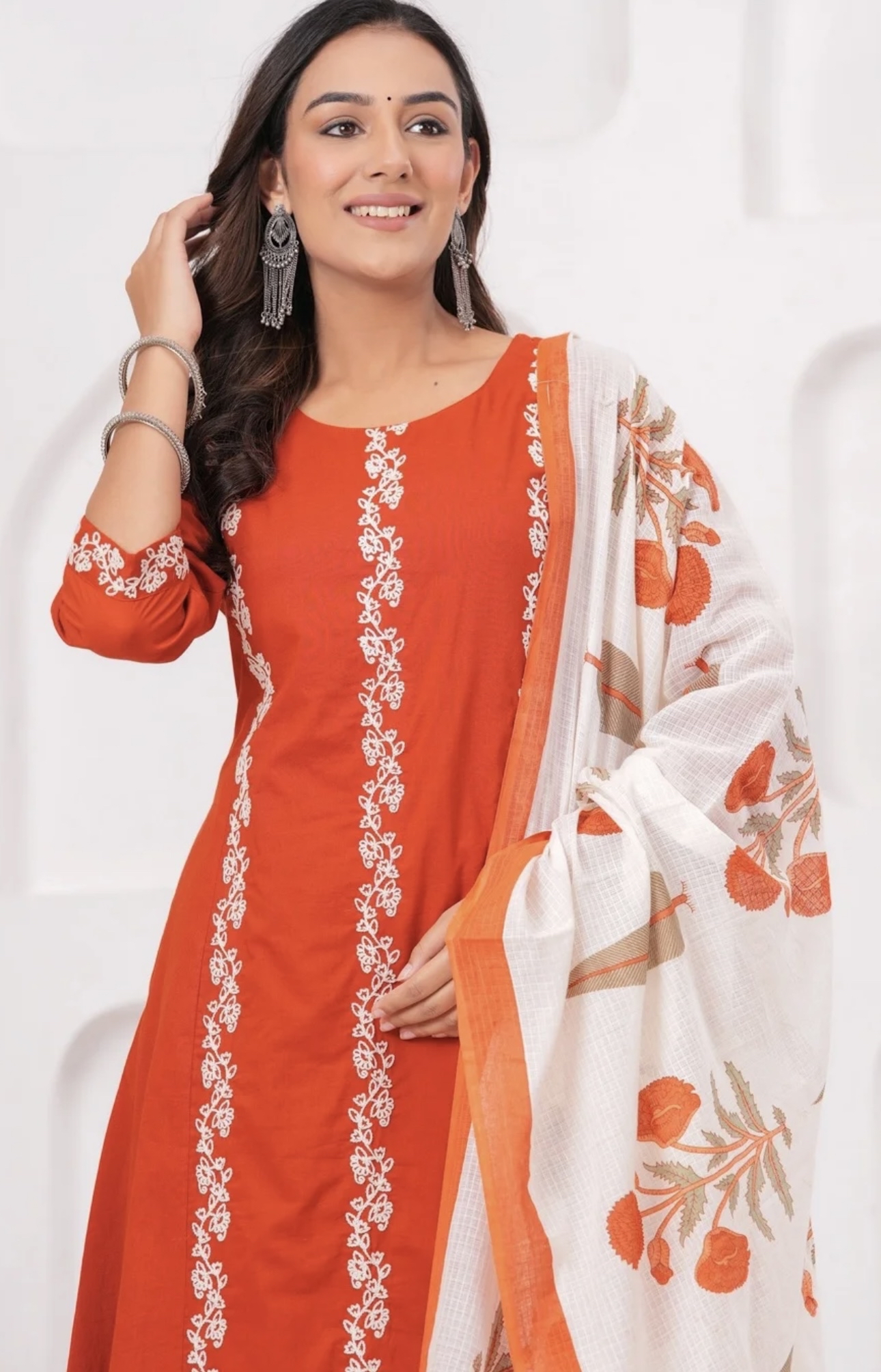 Orange A-Line cotton Kurta set