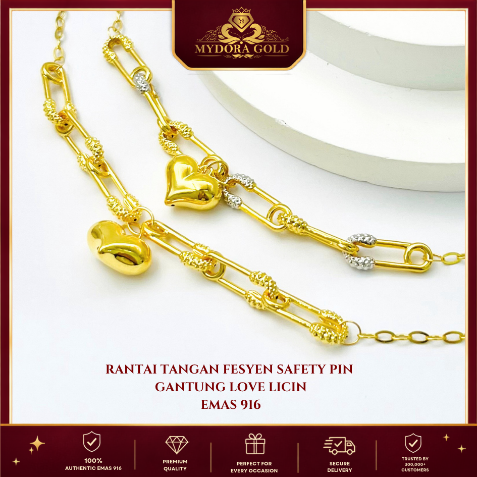 MYDORA Rantai Tangan Fesyen Safety Pin Gantung Love Licin l EMAS 916/22K