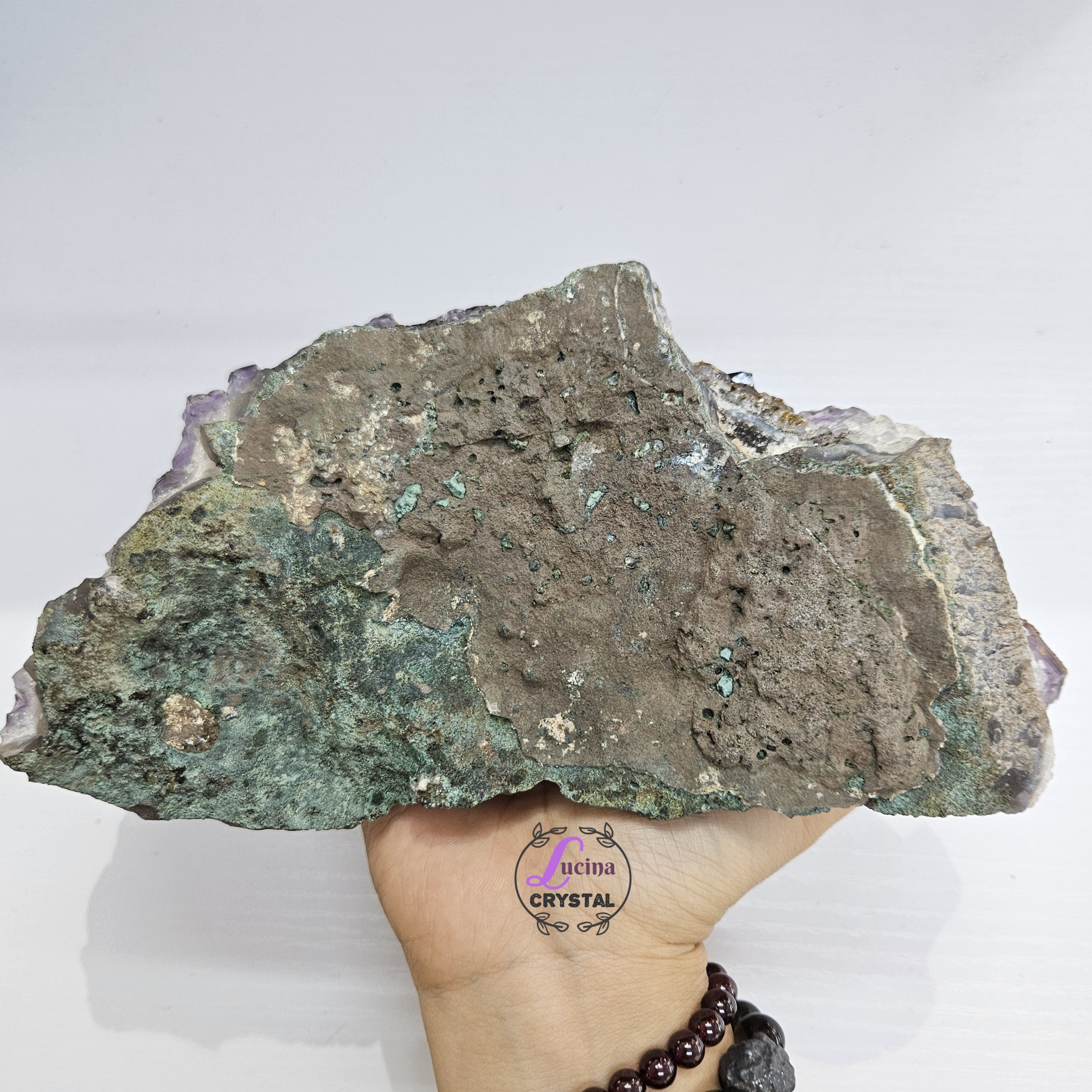 (Co#LC8556)紫鈦骨幹花水晶簇連木座/Elestial Amethyst Rutilated Flower Quartz Cluster w/wooden stand 