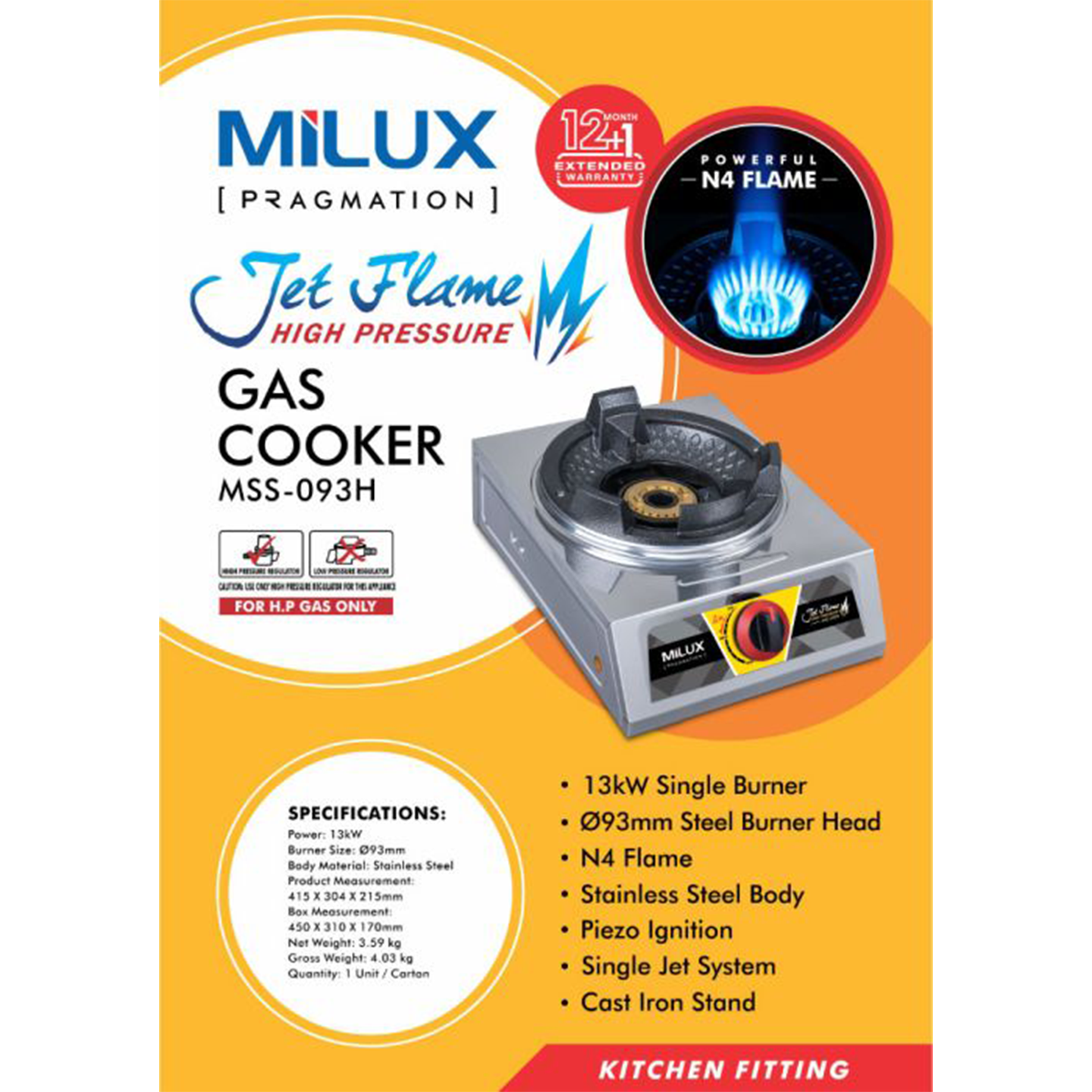 Milux 13kW High Pressure Gas Stove (MSS-093H)