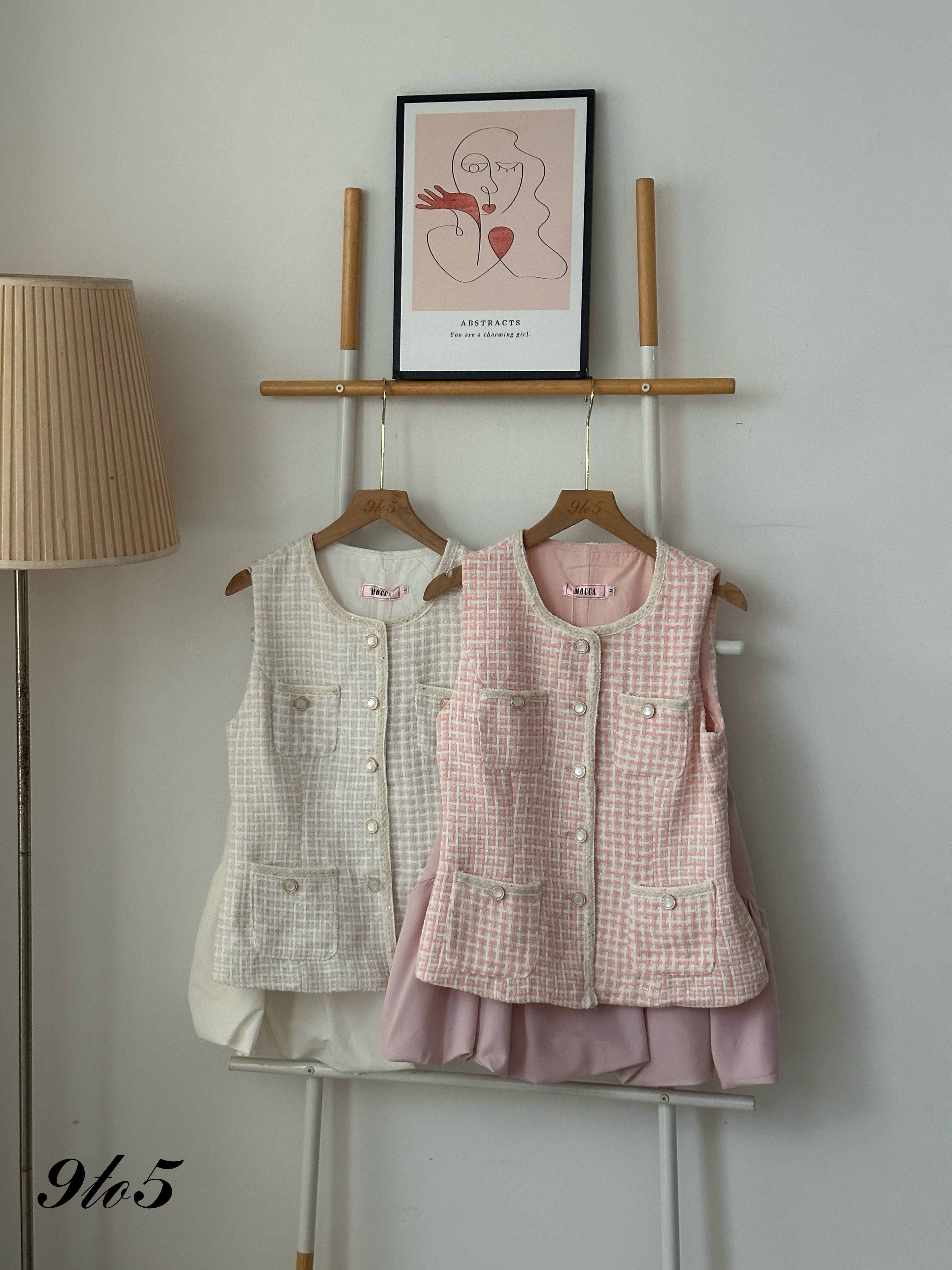 D2328 Sleeveless Tweed Matching Set - Cream & Pink