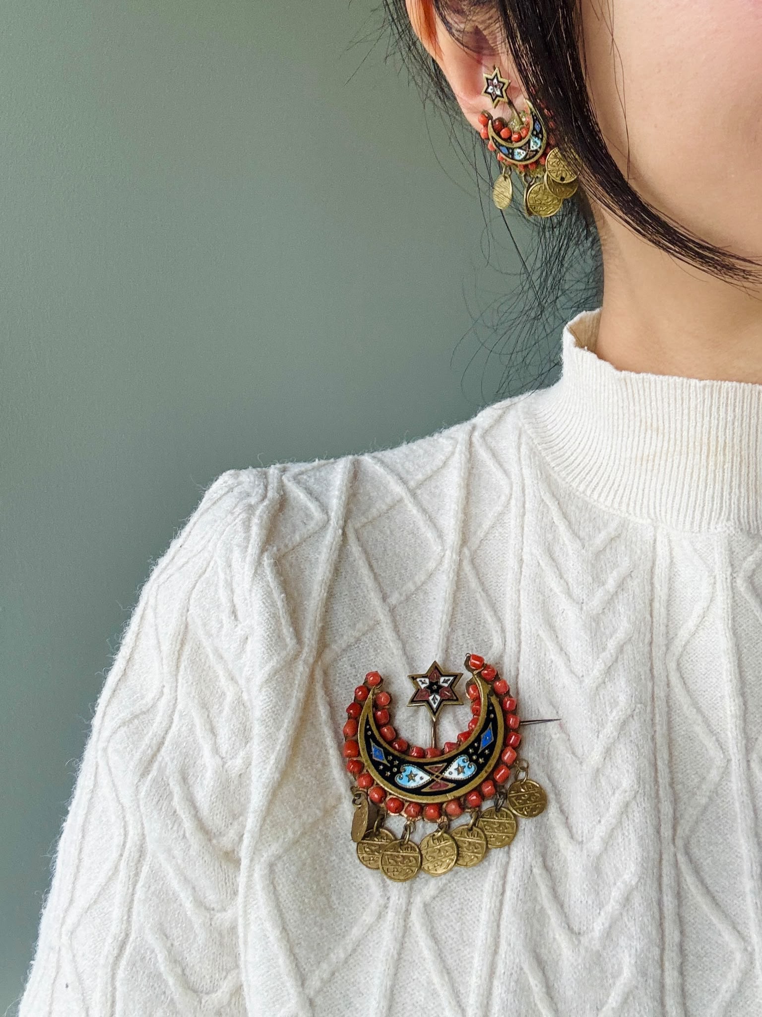 C.a. 1830s–1880s Ottoman Coral & Enamel Crescent Moon and Star Brooch and Earrings Demi-Parure (MT2653)