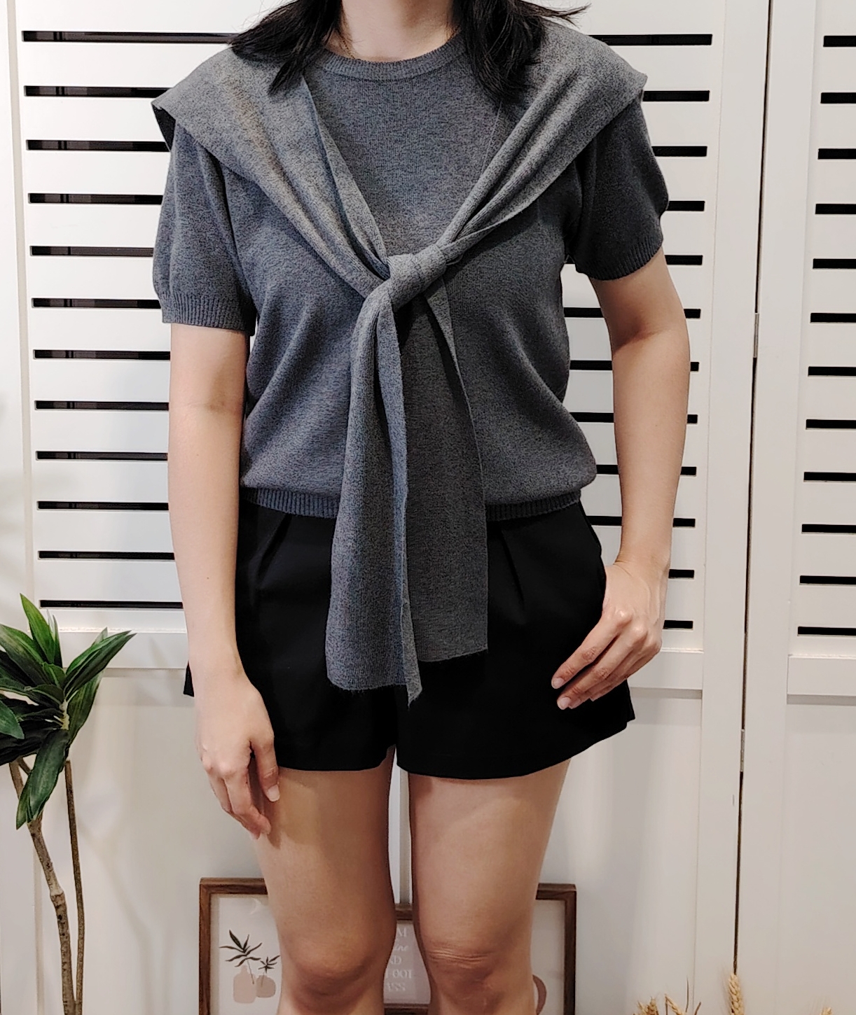 S2310 Knitted Short Sleeve Top With Shawl