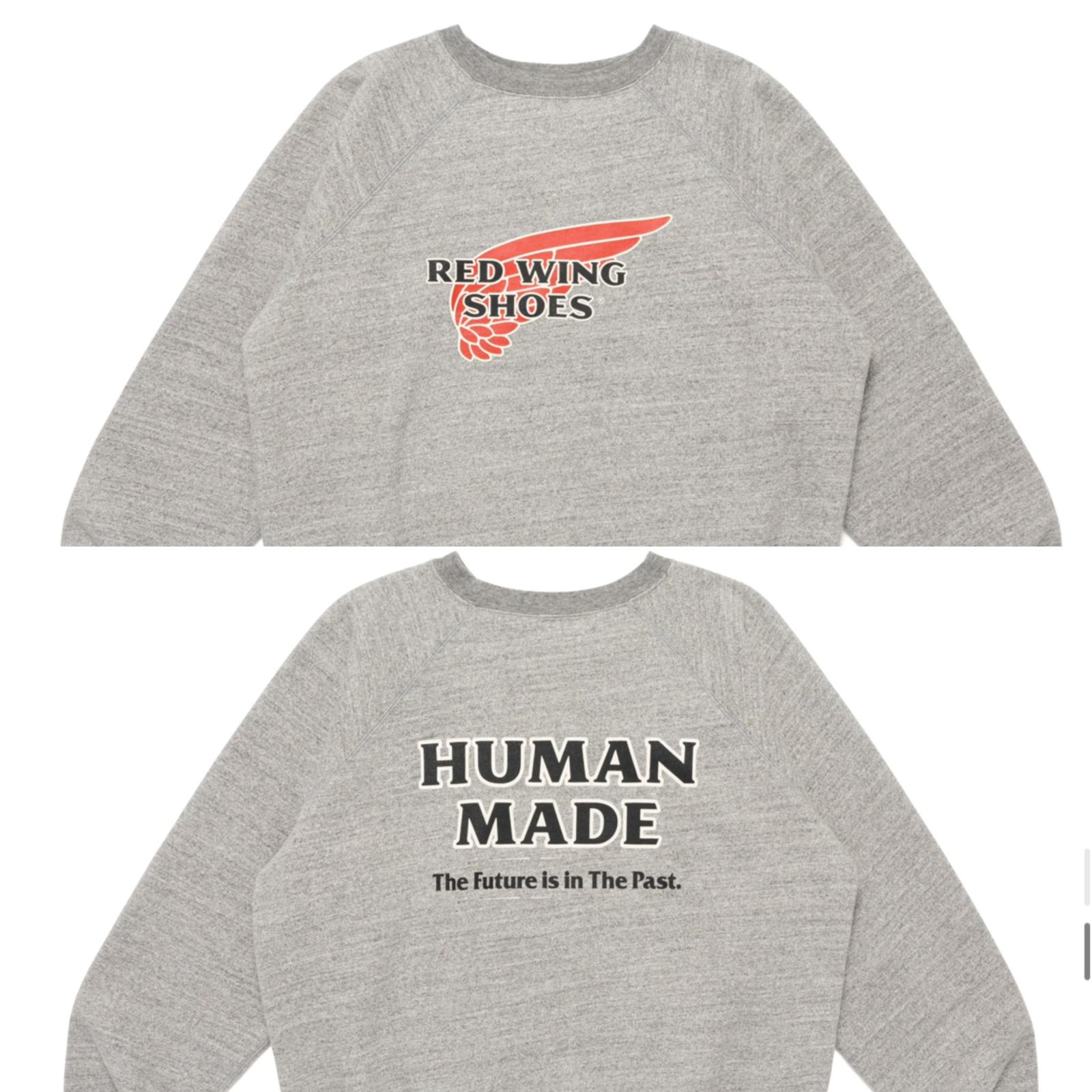 HUMAN MADE x RED WING RAGLAN SWEATSHIRT Grey Size s - 2xl 攜手源自美國的百年製鞋品牌RED WING（紅翼）聯名呈現。 ・飾有兩個品牌LOGO的圓領衛衣 ・選用柔軟舒適的抓絨布料 ・正面為RED WING品牌LOGO ・背部為特別設計的HUMAN MADE品牌LOGO ・圖案以膠印工藝呈現