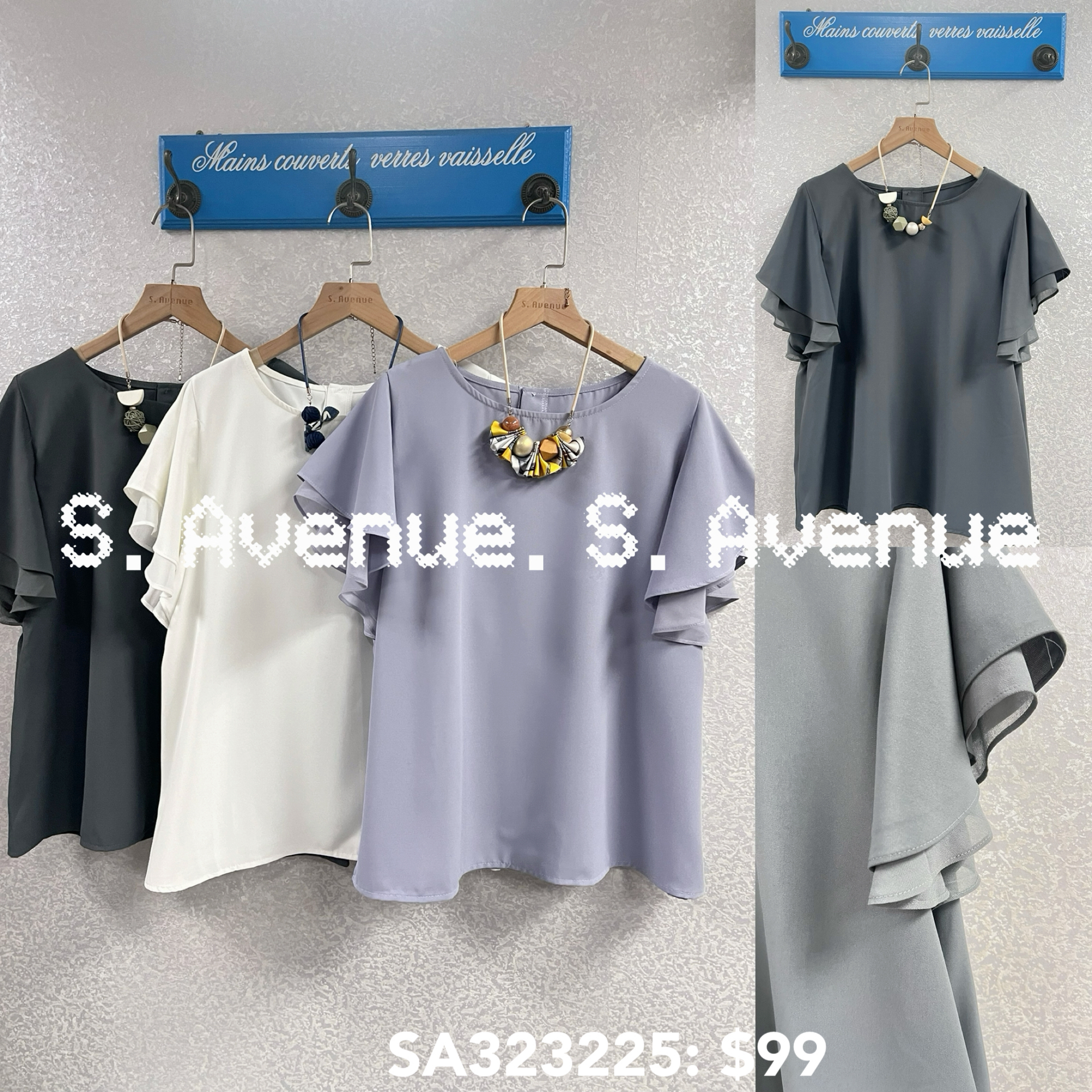 SA323225: 荷葉袖拼紗雪紡top