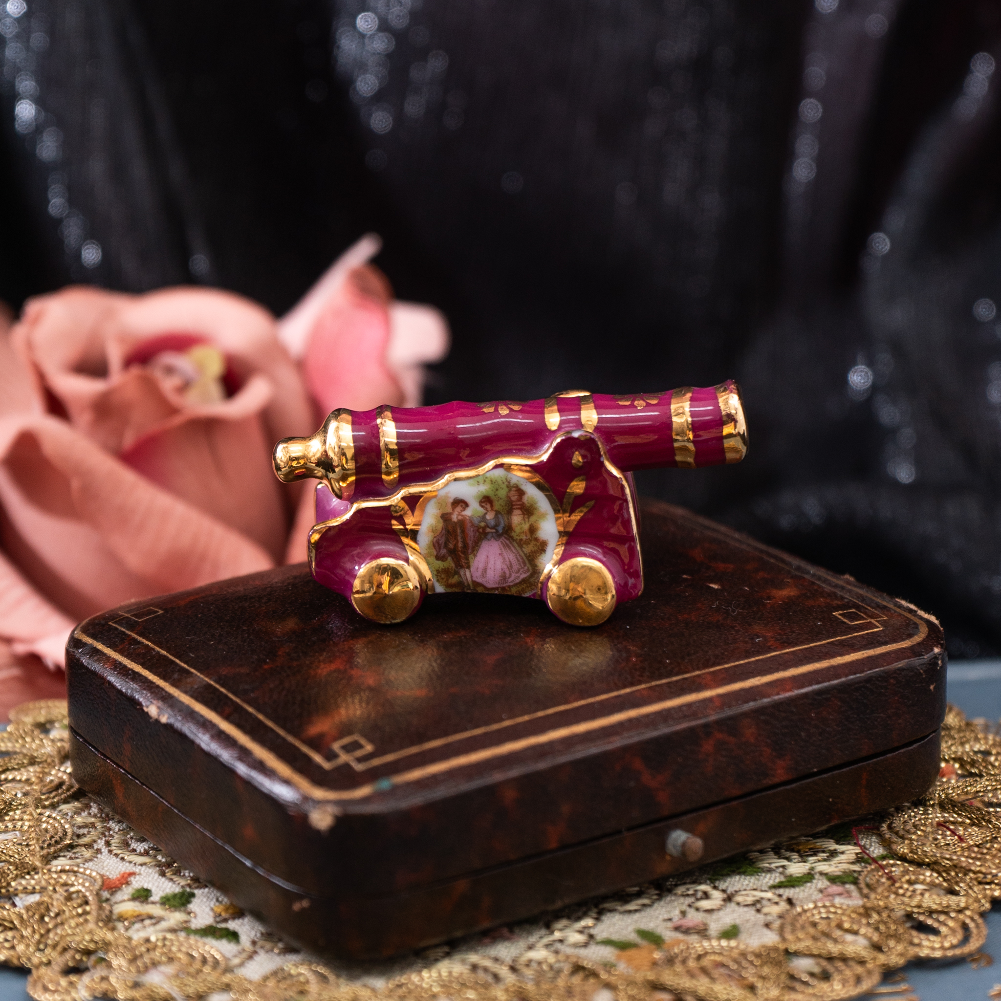 Vintage Mid-Century French Limoges Cranberry Red Porcelain Romantic Courting couple Miniature - Clock/ Cannon/ Shoe (MT1985)