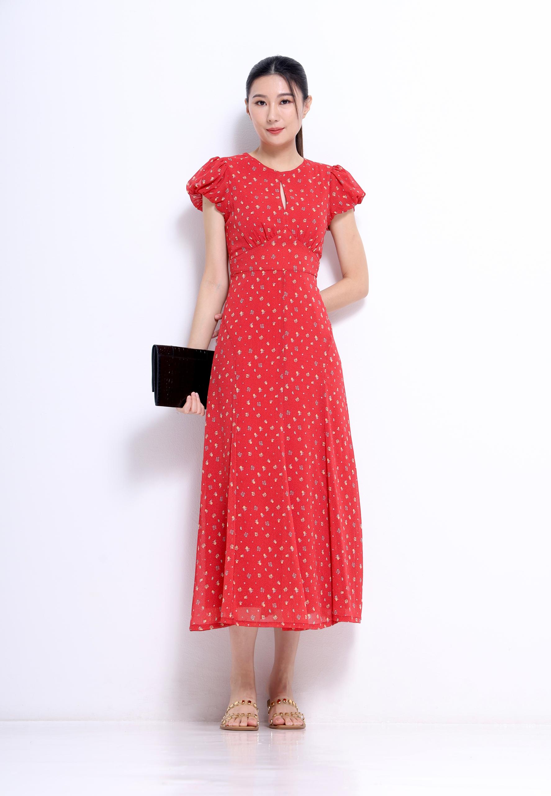 CD2147 FLORAL FLUTTER SLLV ROUNDNECK DRESS