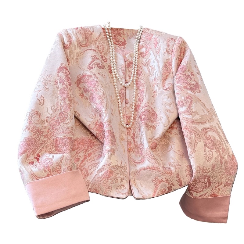 B134(0133) 新中式唐装巴洛克花纹提花桃心领前排珠子粉外套上衣