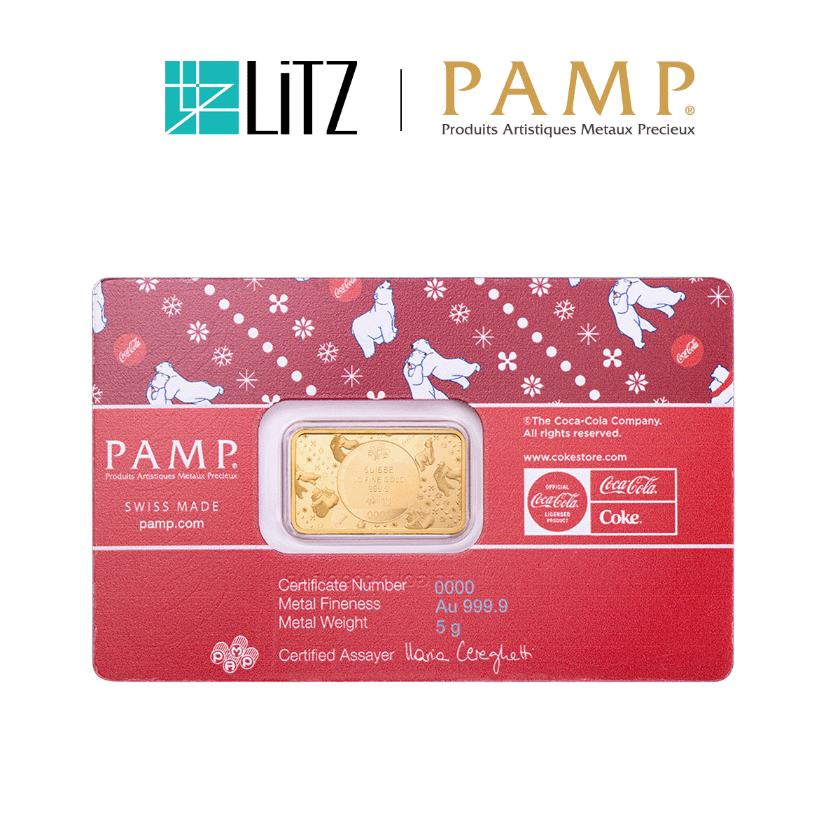 [5 gram] LITZ PAMP Suisse x Coca-Cola® Holiday Polar Bears Limited Edition Gold Bar (999.9) PG028