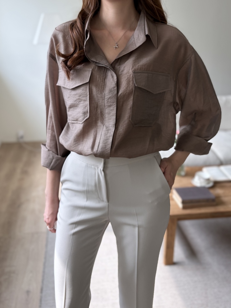 Feminine Belted Pocket Blouse (Brown)