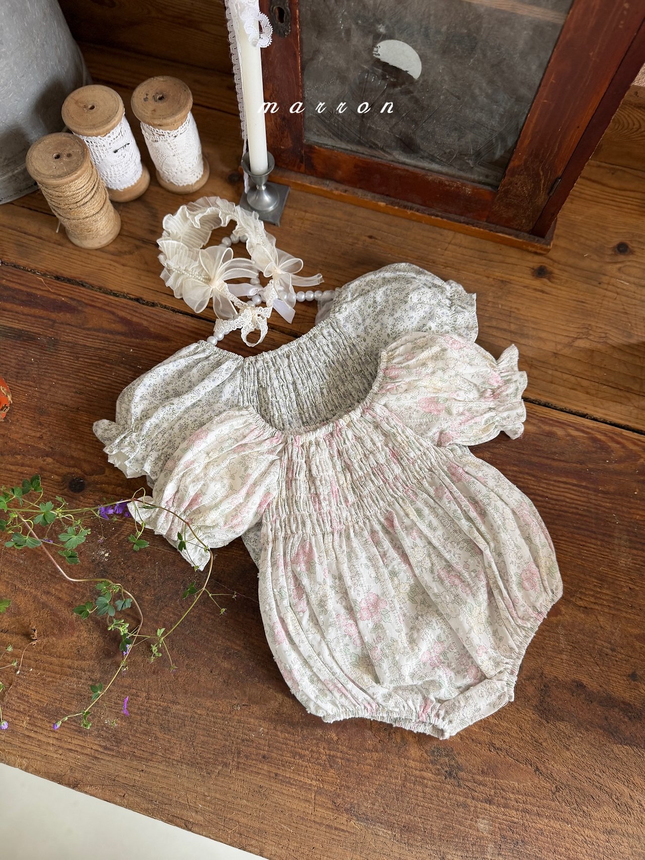 ☀️預訂 韓國直送☀️🇰🇷Marron兩色花卉束胸泡泡袖包屁衣