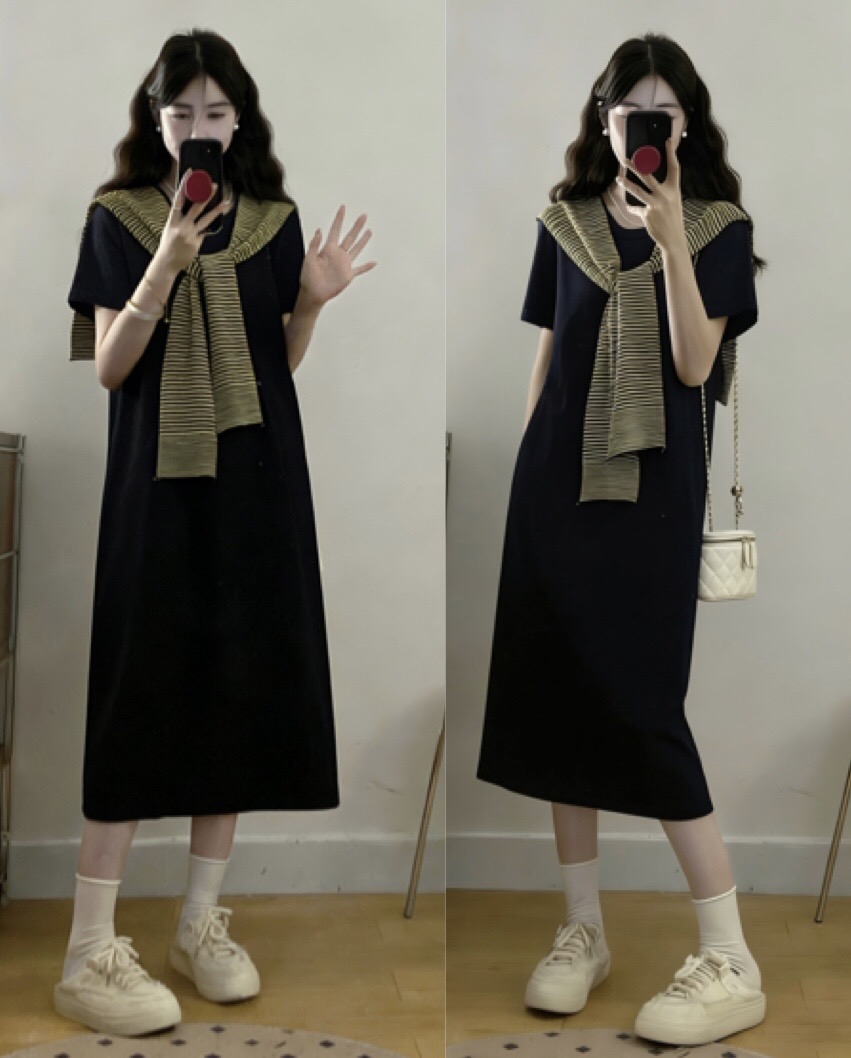 B219(6708) 韩版气质拼接蓝黄横纹披肩蓝针织连身裙