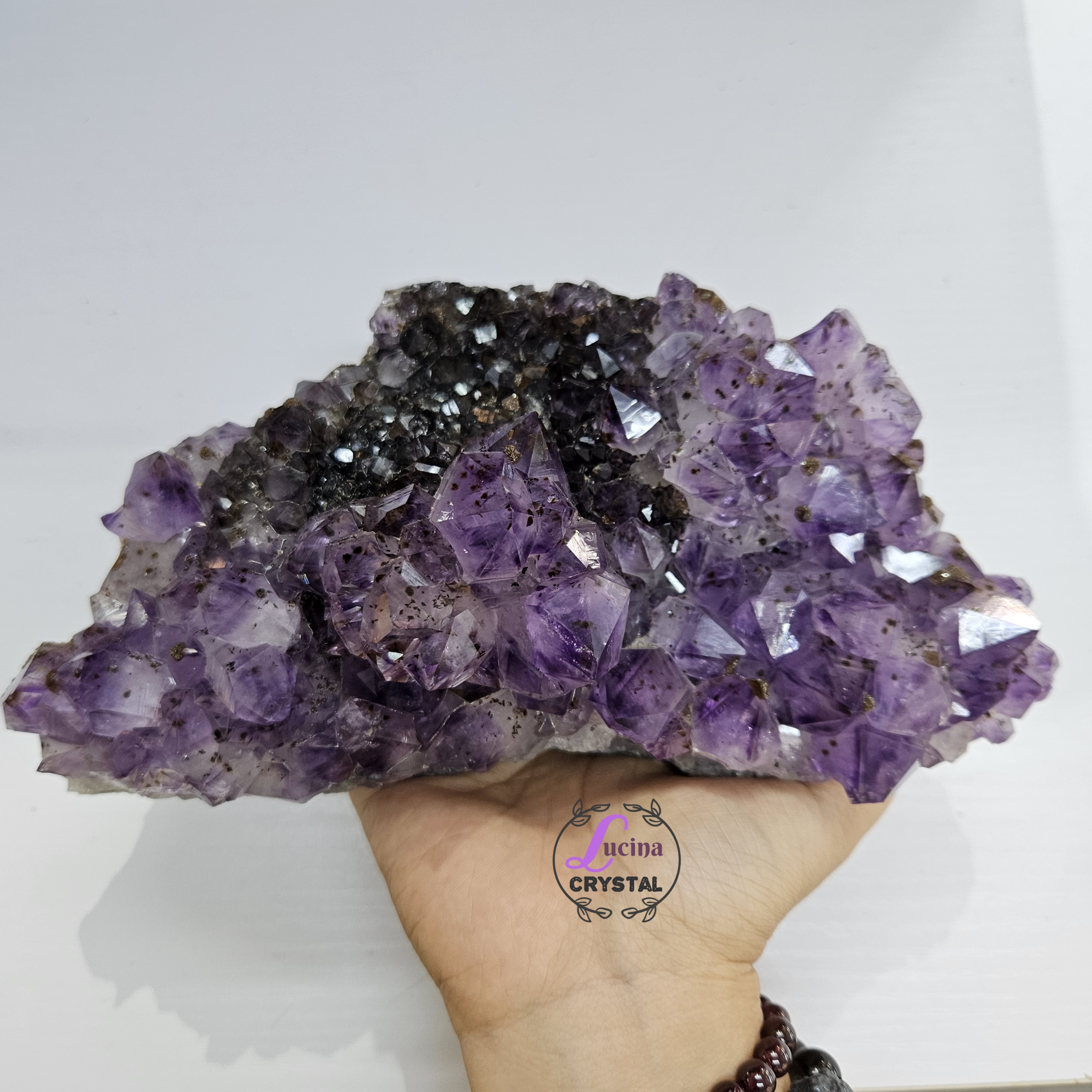 (Co#LC8556)紫鈦骨幹花水晶簇連木座/Elestial Amethyst Rutilated Flower Quartz Cluster w/wooden stand 