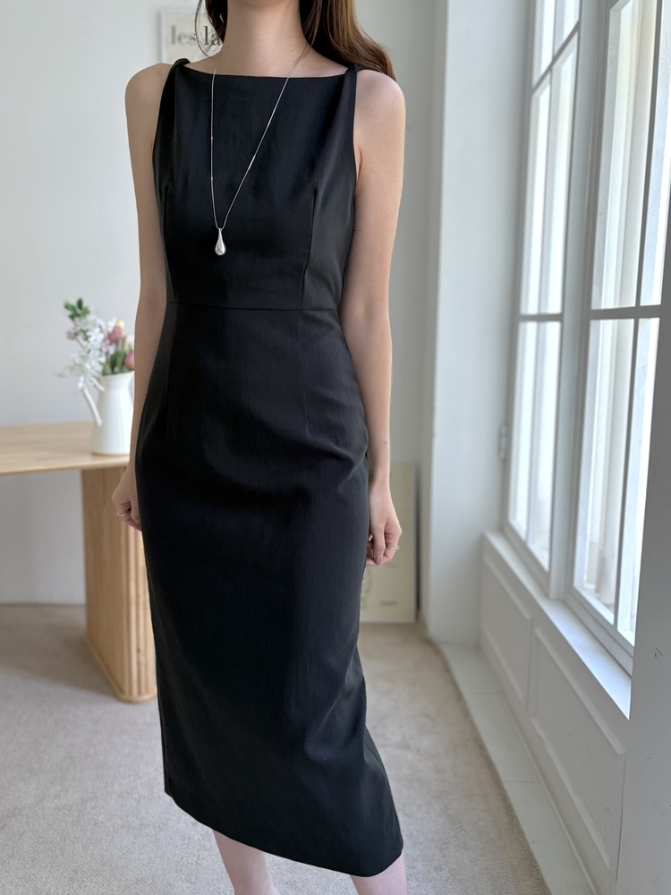 Linen Blend Twisted Strap Dress (Black)