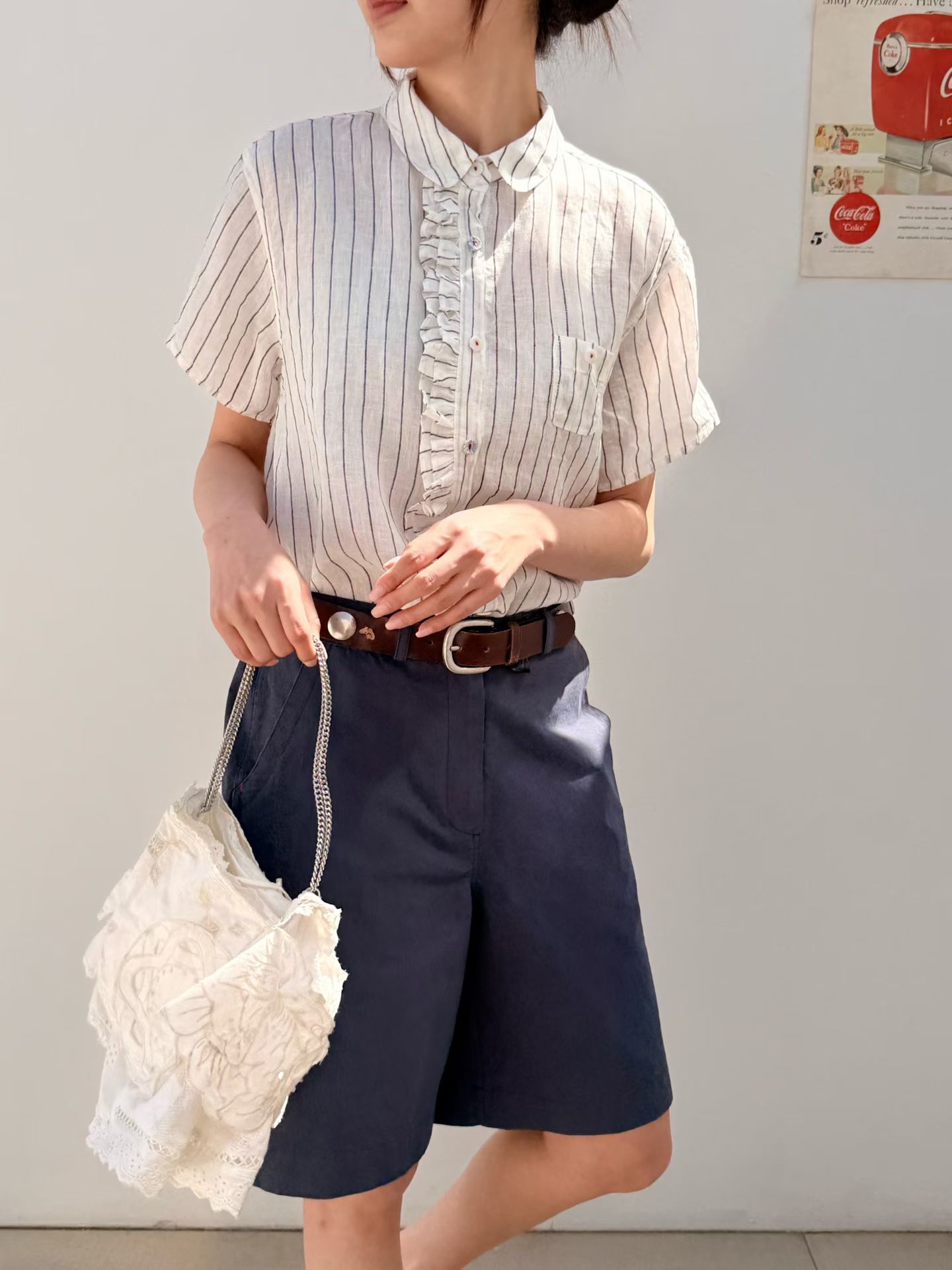 Ruffle details linen shirt