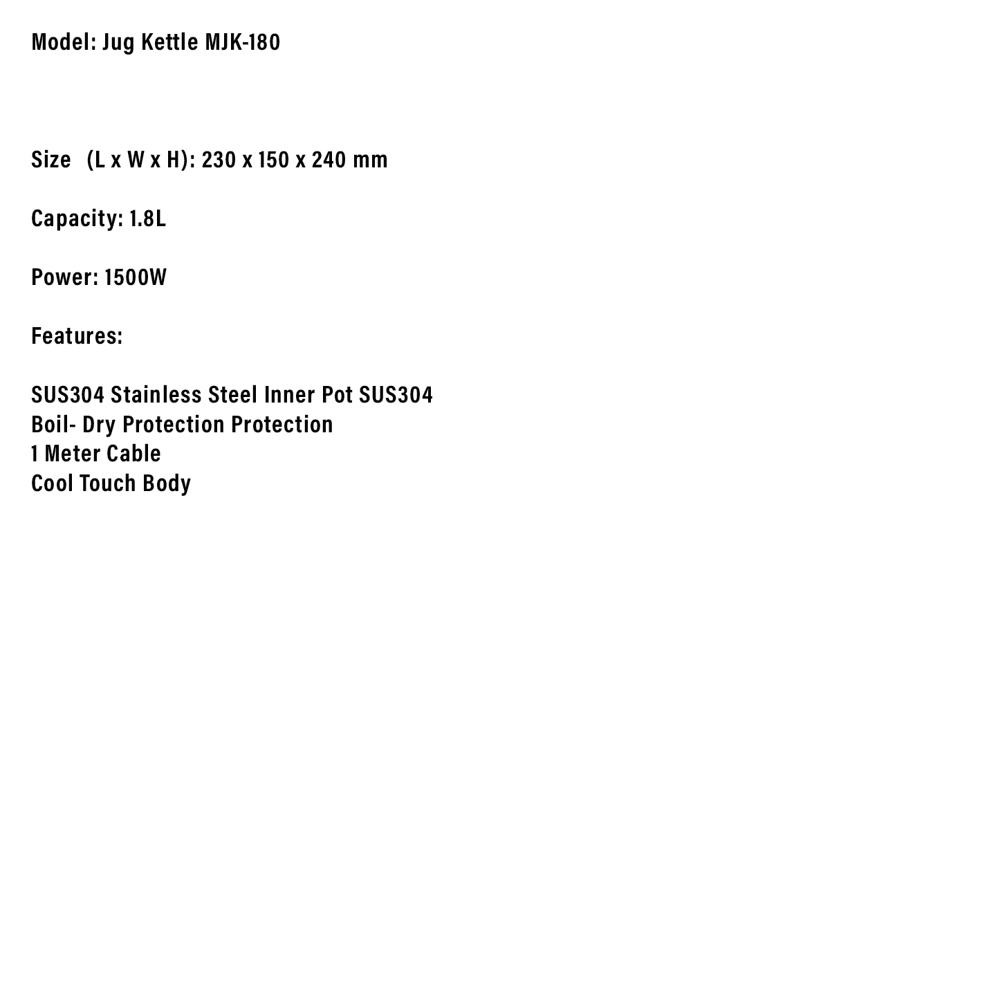 Milux 1.8L Stainless Steel Kettle (MJK-180)