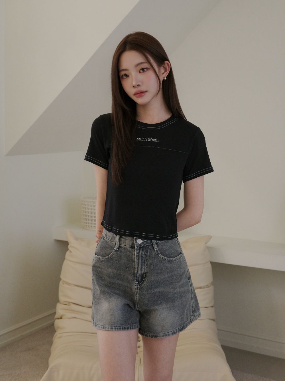 <預訂>🇰🇷MuahMuah Crop Point Pintuck Half T-shirt