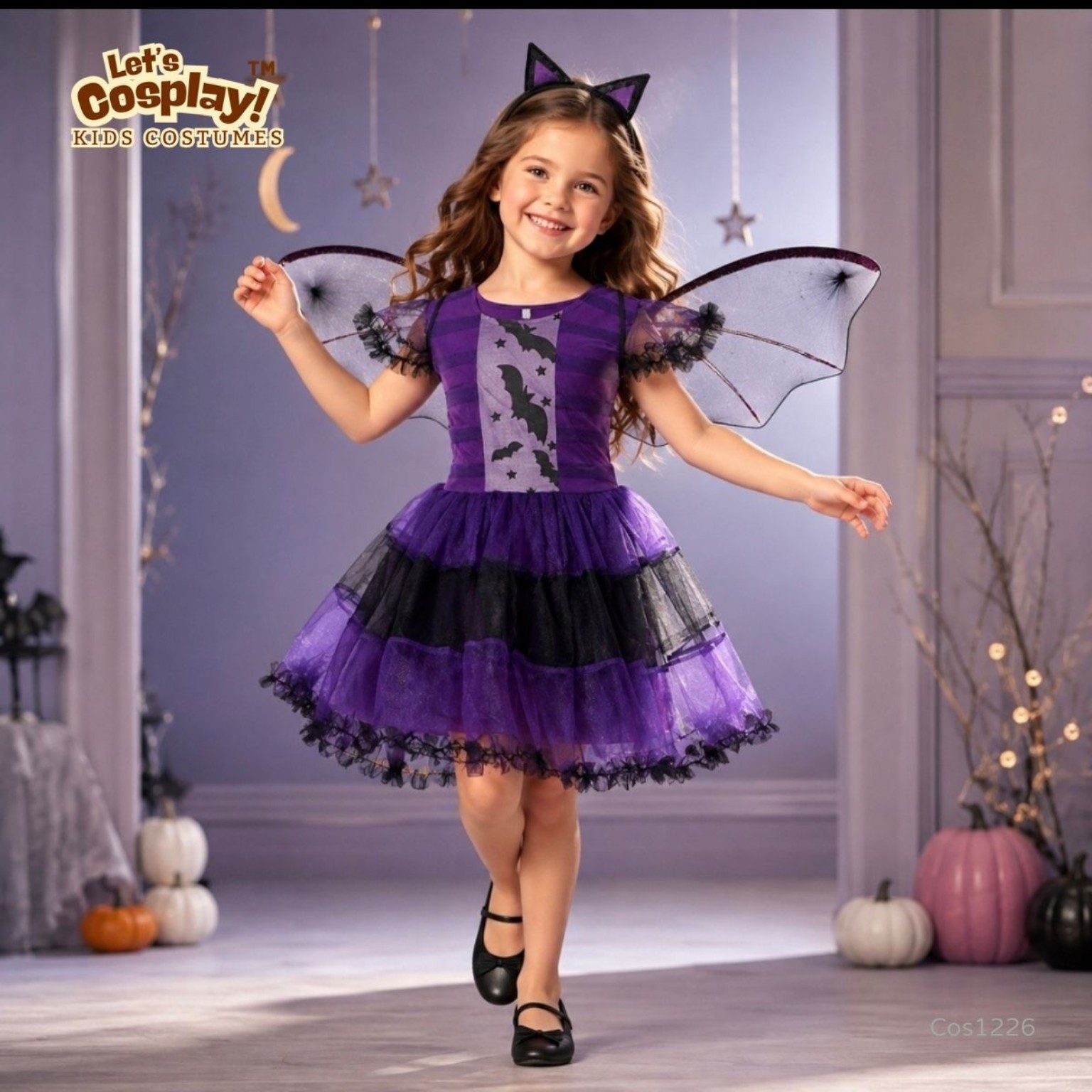 兒童萬聖節蝙蝠主題服裝 紫黑蝙蝠裙 Kids Bat Costume